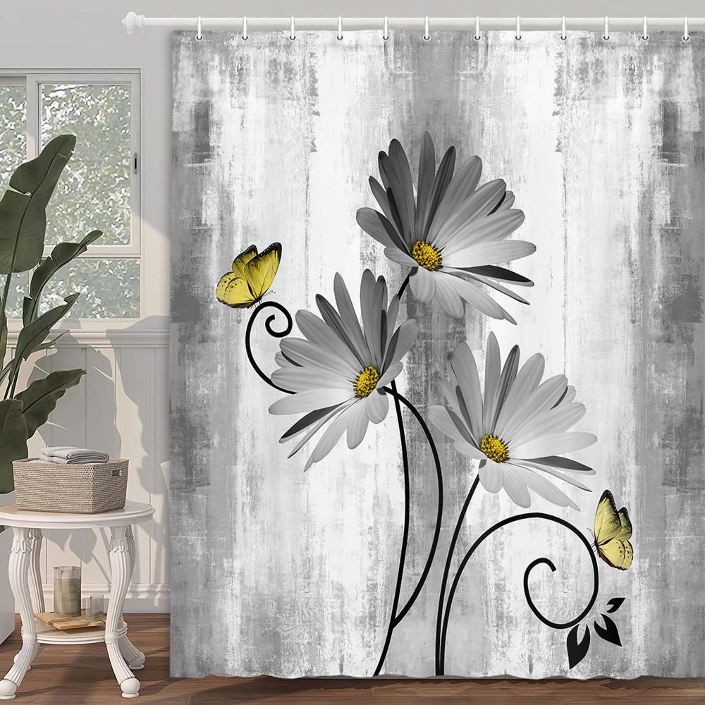 Veivian Rustic Farmhouse Shower Curtain, Farm Gray Grey Daisy Floral Flowers And Butterfly On Country Wooden Shower Curtain For