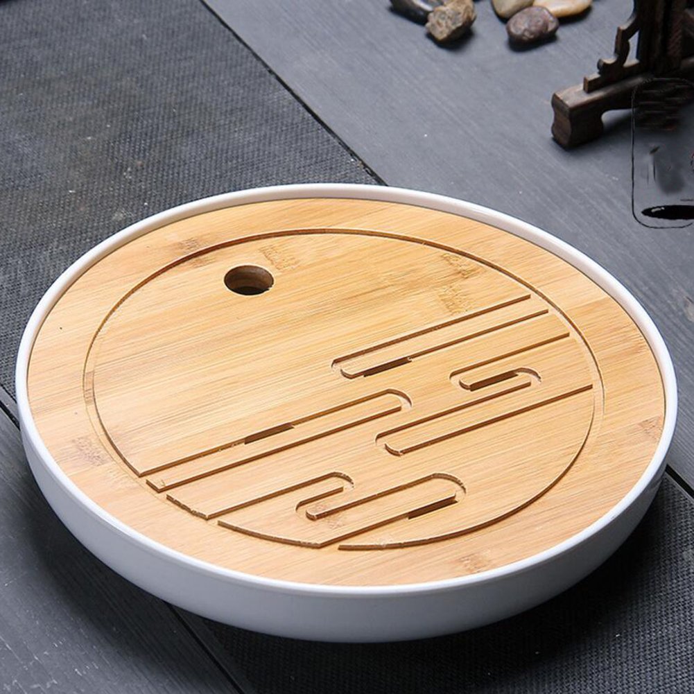 Hoobar Bamboo Kungfu Tea Tray Table Serving Tray Chinese Style Water Storage Gongfu Tea Tray (White 1)