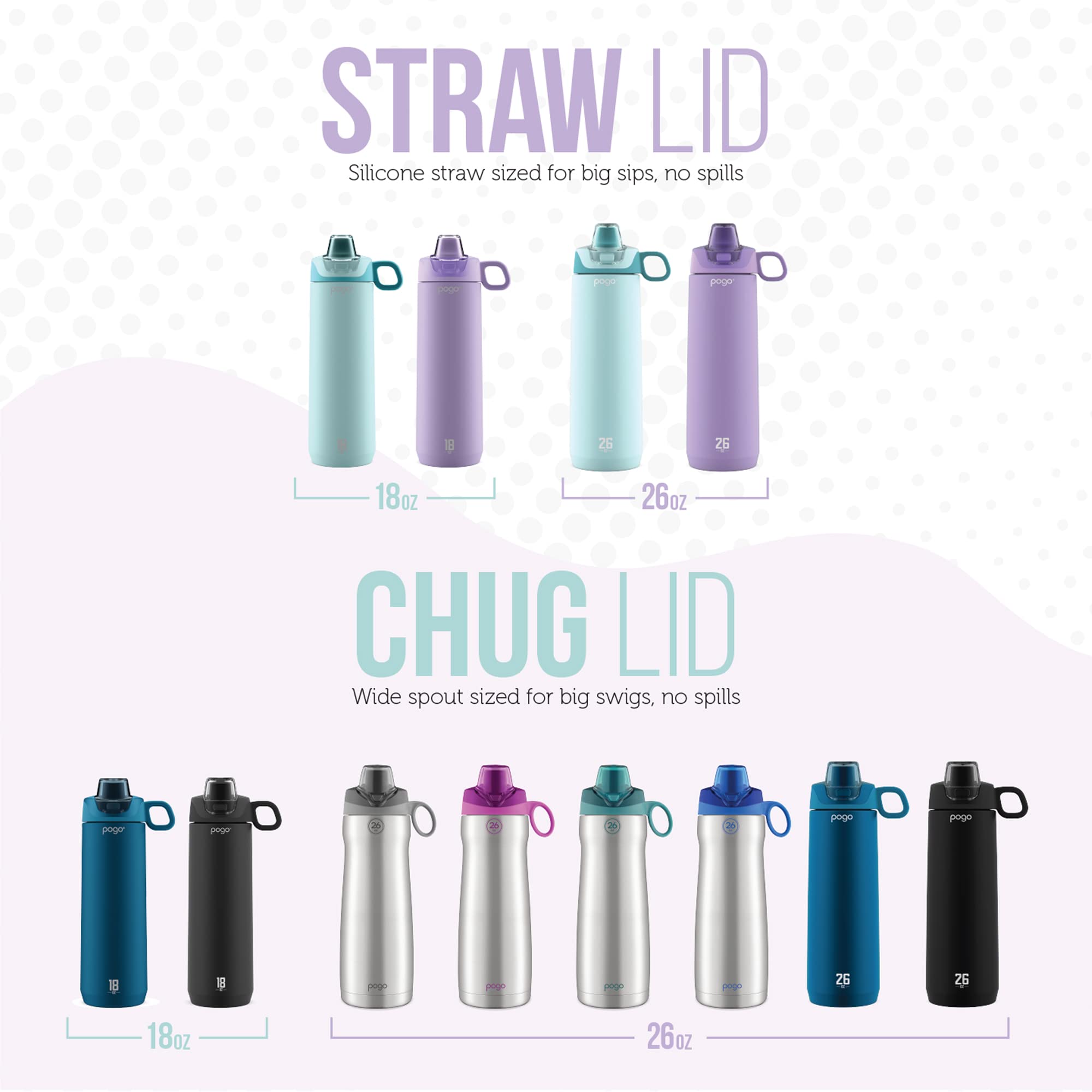 Pogo Active Vacuum Insulated Stainless Steel Water Bottle With Leak Proof Chug Lid And Silicone Carry Loop, Powdercoat, Black, 1