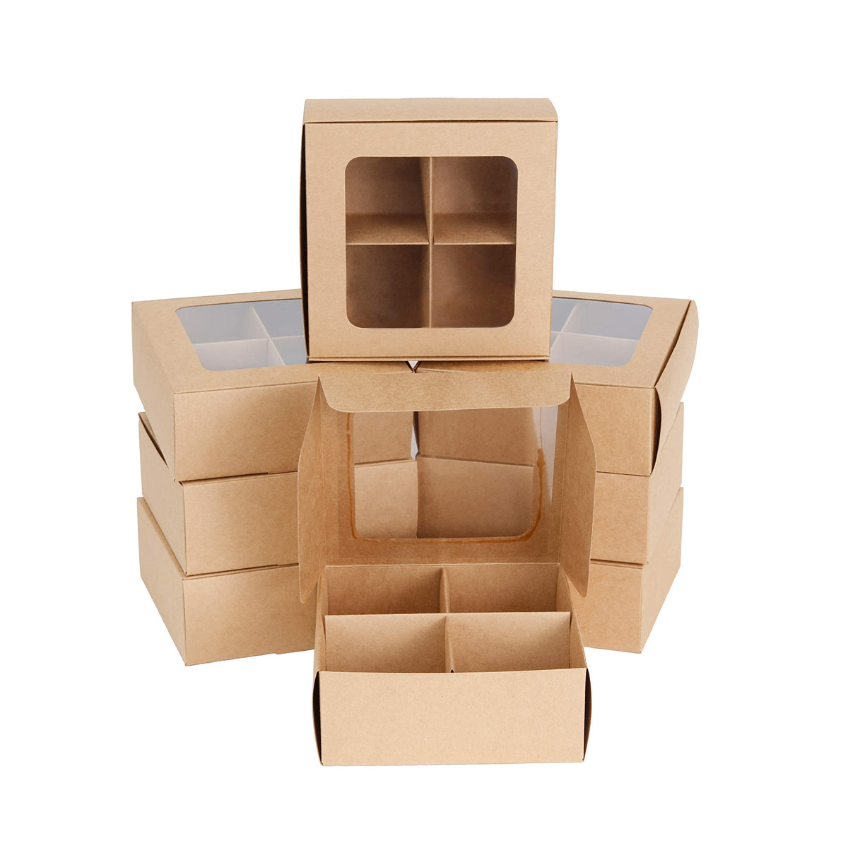 Gretel 6X6 Brown Bakery Boxes With Window And Dividers | Four Compartment Brownie Box For Small Cookies, Charcuterie, Baked Good