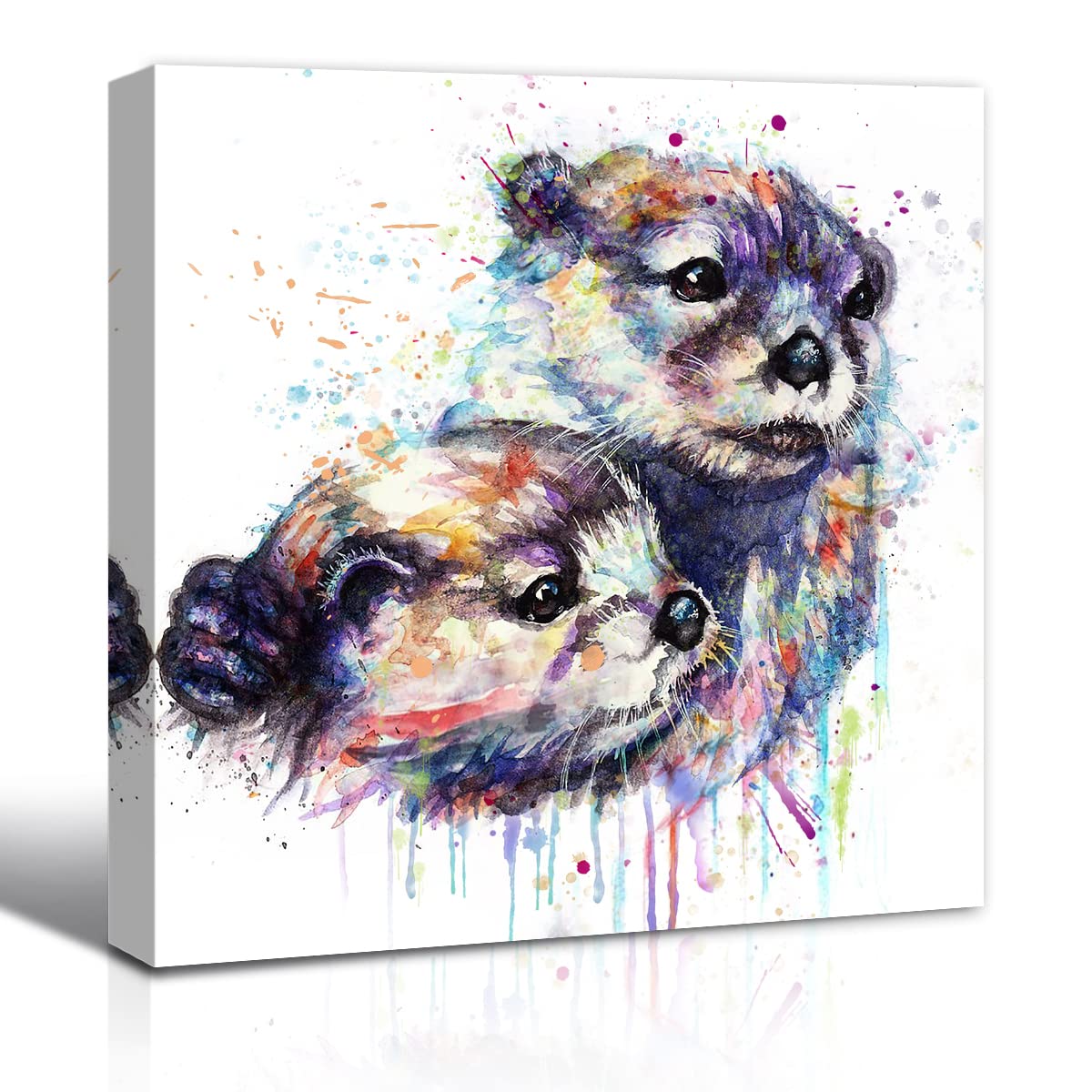 Animals Otter Wall Art Canvas Prints, Lovely Mother Otter Hug Baby Pictures Paintings, Framed Modern Watercolor Poster For Kids