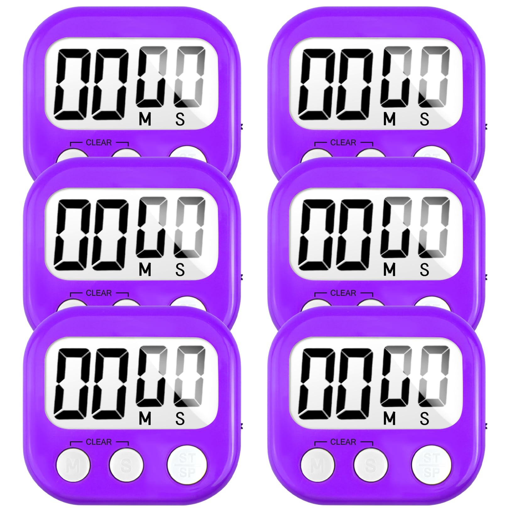 6 Pack Digital Kitchen Timer for Cooking Big Digits Loud Alarm Magnetic Backing Stand Cooking Timers for Baking Purple