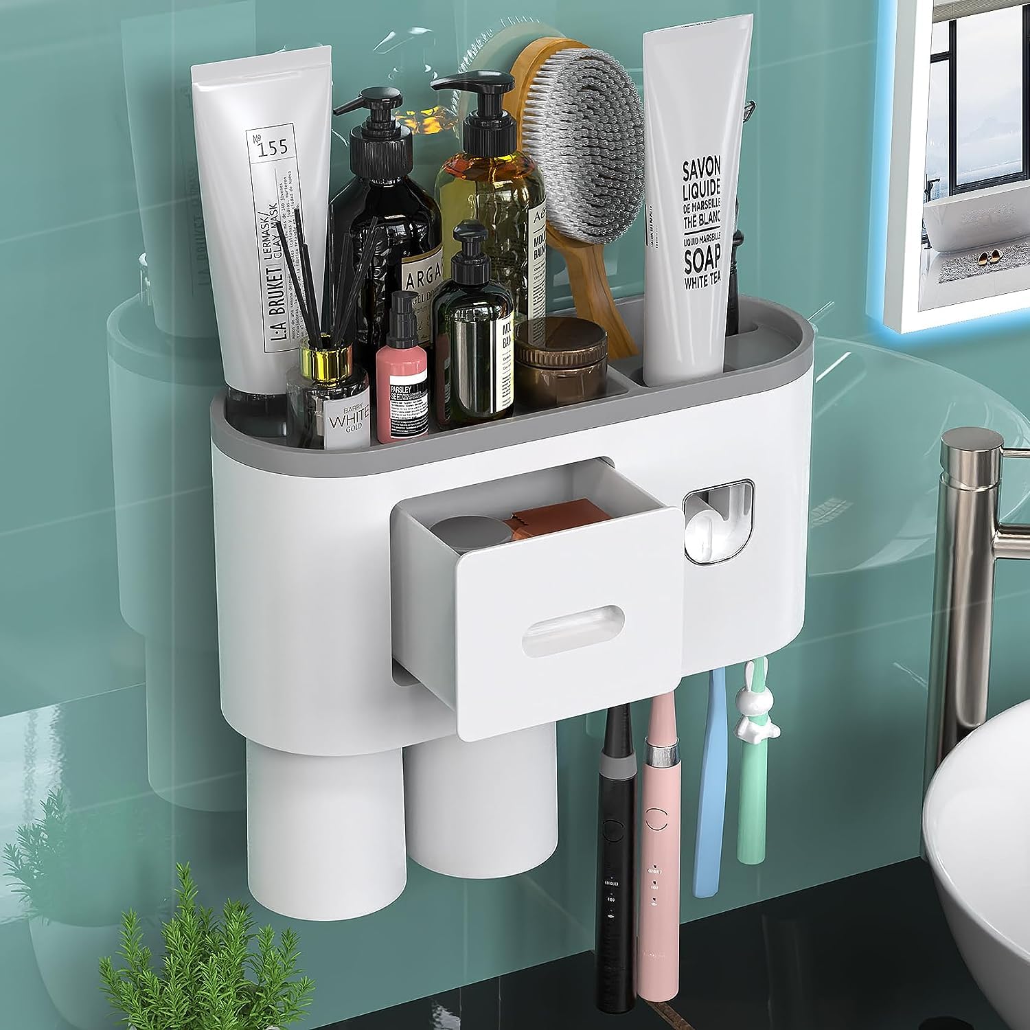 SRXES Acrylonitrilebutadienestyrene Toothbrush Holders For Bathroom, Toothbrush Holder Wall Mounted, Toothpaste Dispenser (2 Cup