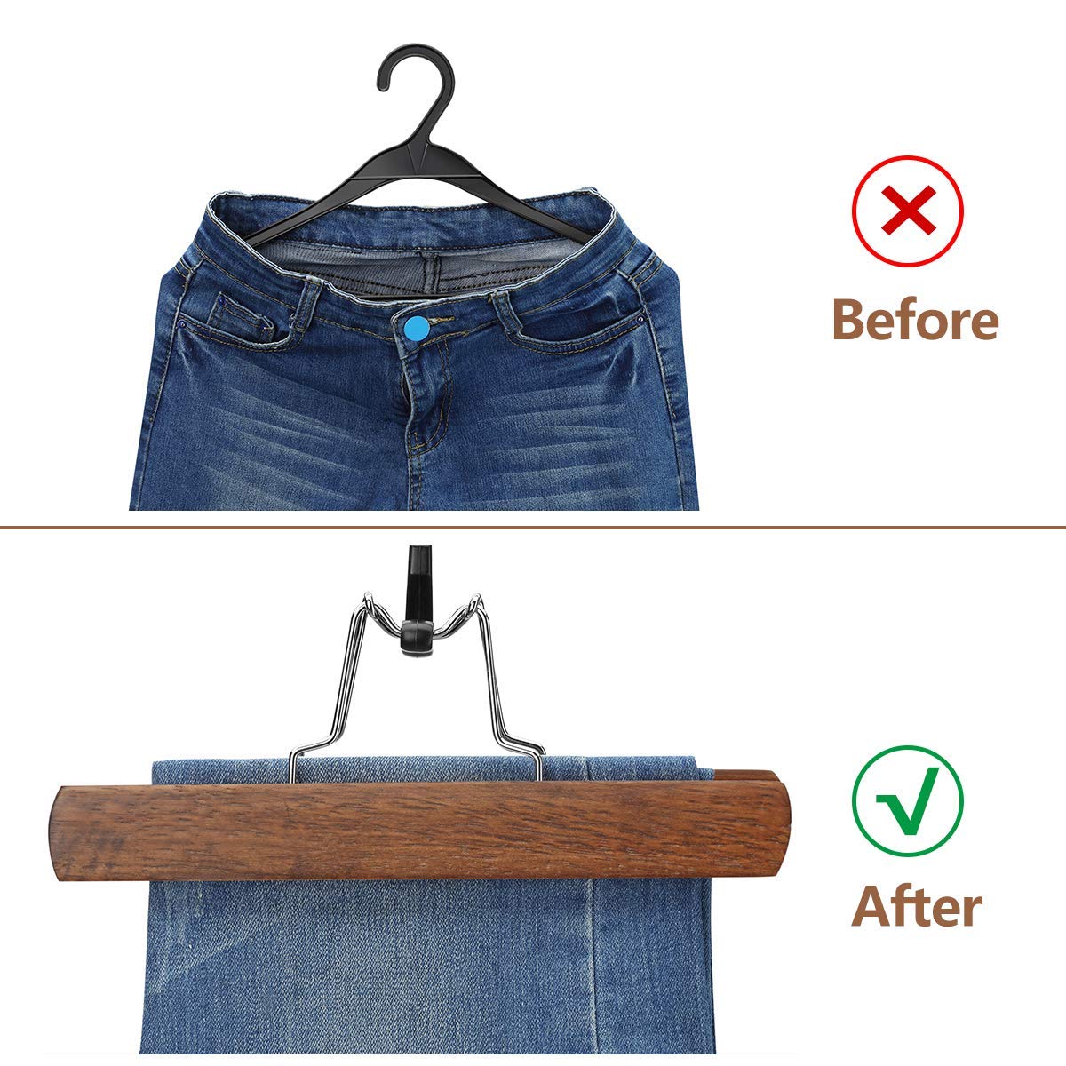 AMKUFO 12 Pack Wooden Pants Hangers with Clips Non Slip Skirt Hangers Walnut Trouser Clamp Hanger Solid Wood Hanger with 360? Swivel Hook