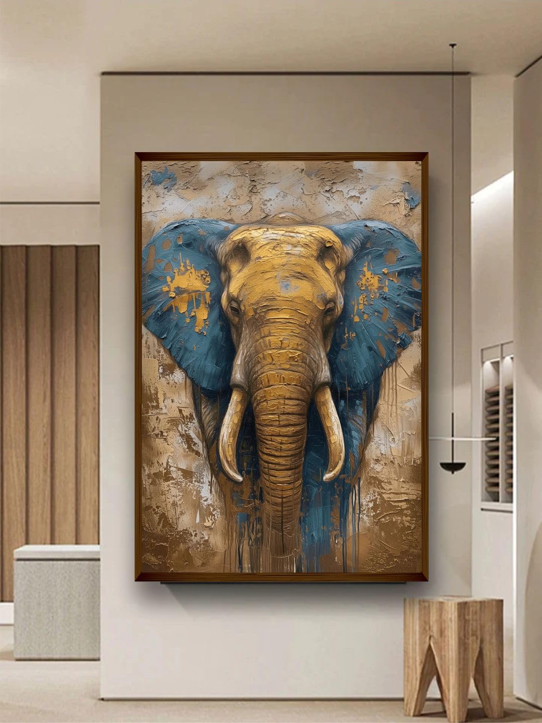Artsense Wood Abstract Lucky Blue Elephant Wall Painting for Living Room Decoration - Big Size With Frame - Multicolor - 20X30 I
