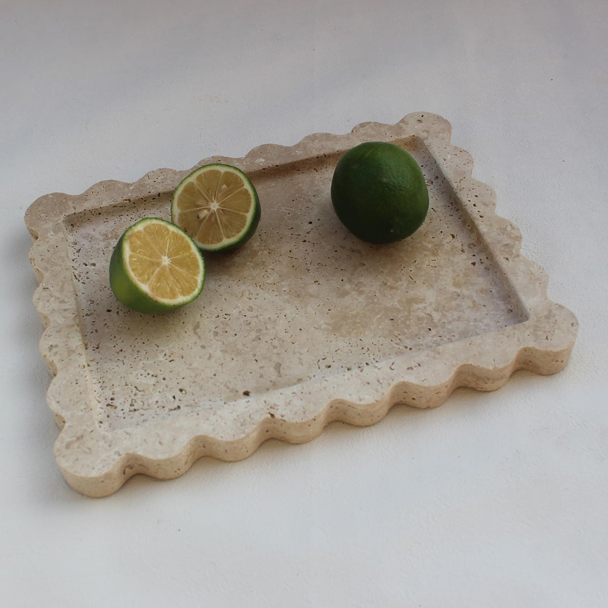 Natural Travertine Tray With Scalloped Edge, Rectangle Vanity Tray 10.8X8 For Bathroom Kitchen Counter, Decorative Tray For Dres