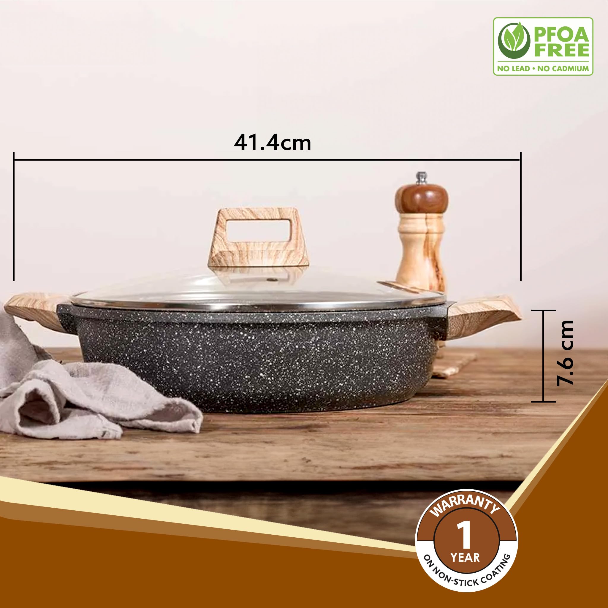 AGARO Imperial Granite Non Stick Kadai with Glass Lid, 3.8L / 28cm, Deep Frying Pan, Biryani Pot, Cast Aluminium Body, Gas & Ind