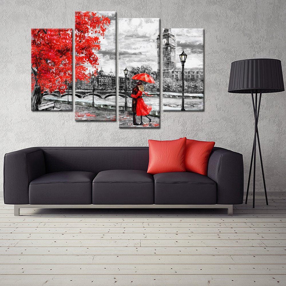 KREATIVE ARTS 4pcs Contemporary Wall Art Black White and Red Umbrella Couple in Street Big Ben Oil Painting Printed on Canvas Romantic Picture Framed Artwork Prints for Walls Decor 48x33inch