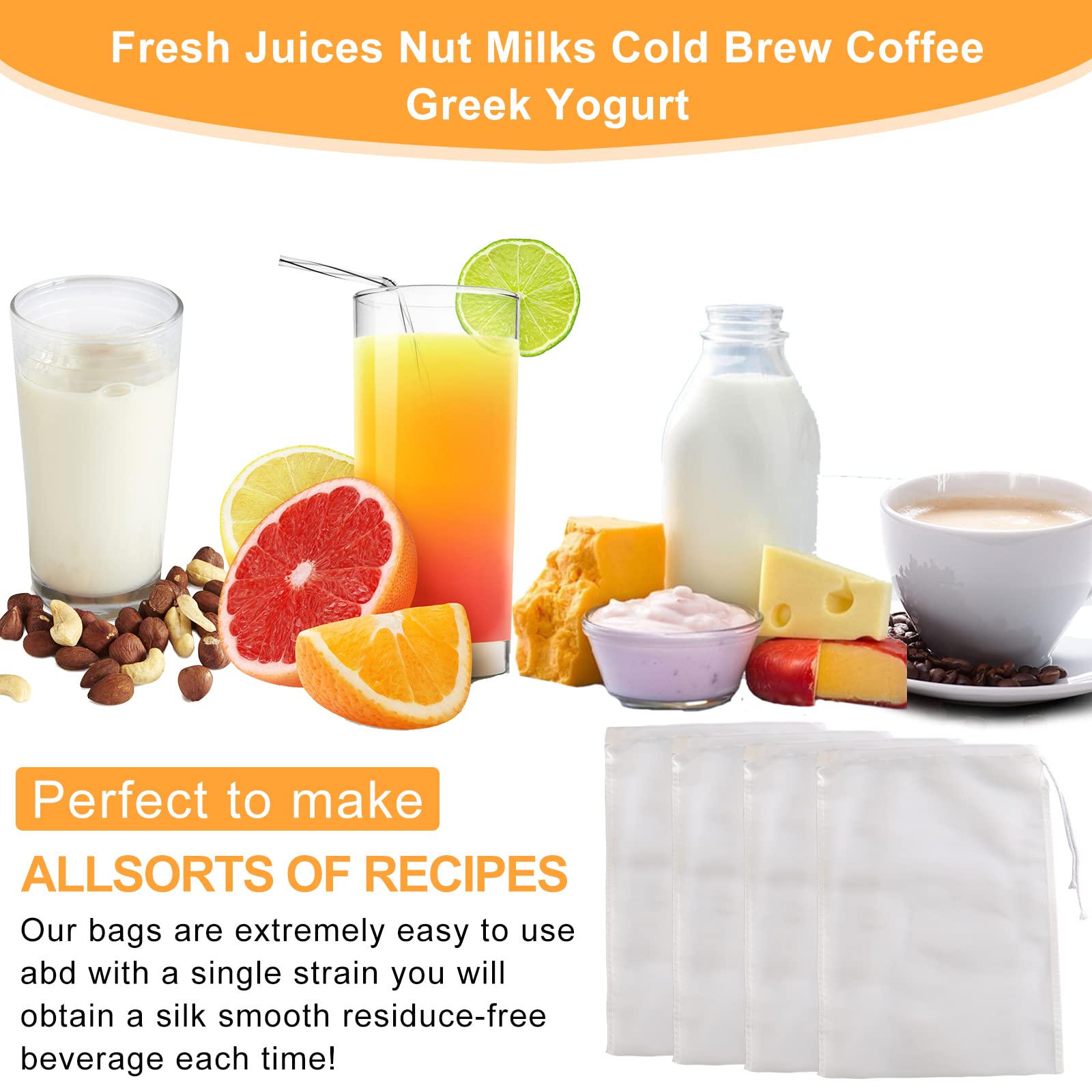 Kimmama 4 Pack Nut Milk Bag,Food Grade Nylon Nut Bag Strainer,7.9 X 11.8 Inch Cheese Cloth Bag For Straining Fruit Juice,Nut Mil