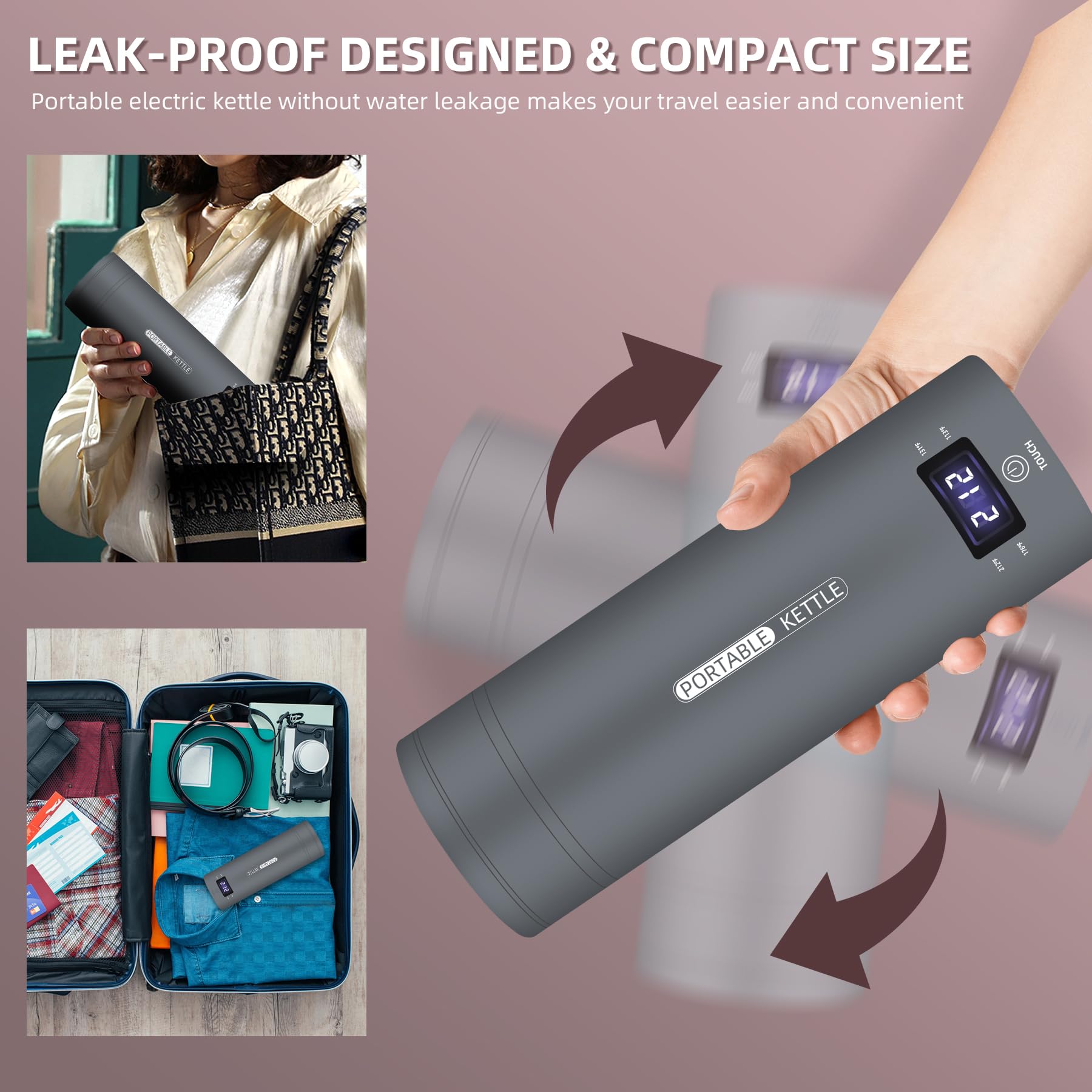 Travel Electric Kettle Portable Small Mini Tea Coffee Kettle Water Boiler, Water Heater With 4 Temperature Control,304 Stainless