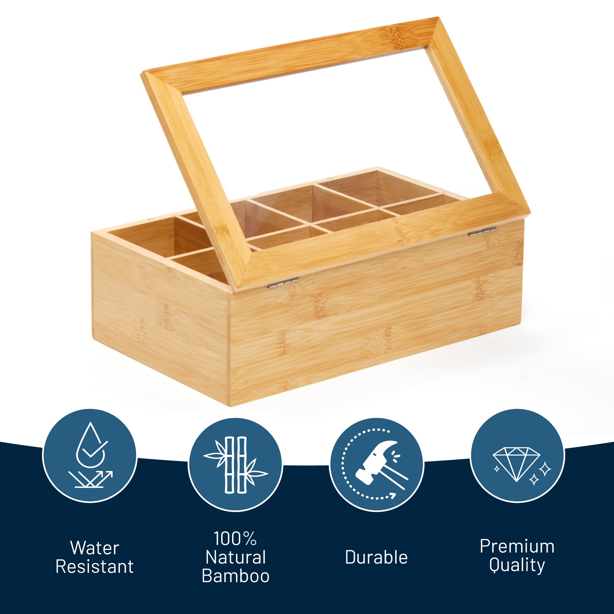Royalhouse Big Natural Bamboo Tea Storage Organizer With Clear Acrylic Top Window, 8 Compartments Eco-Friendly Tea Bag Holder, M