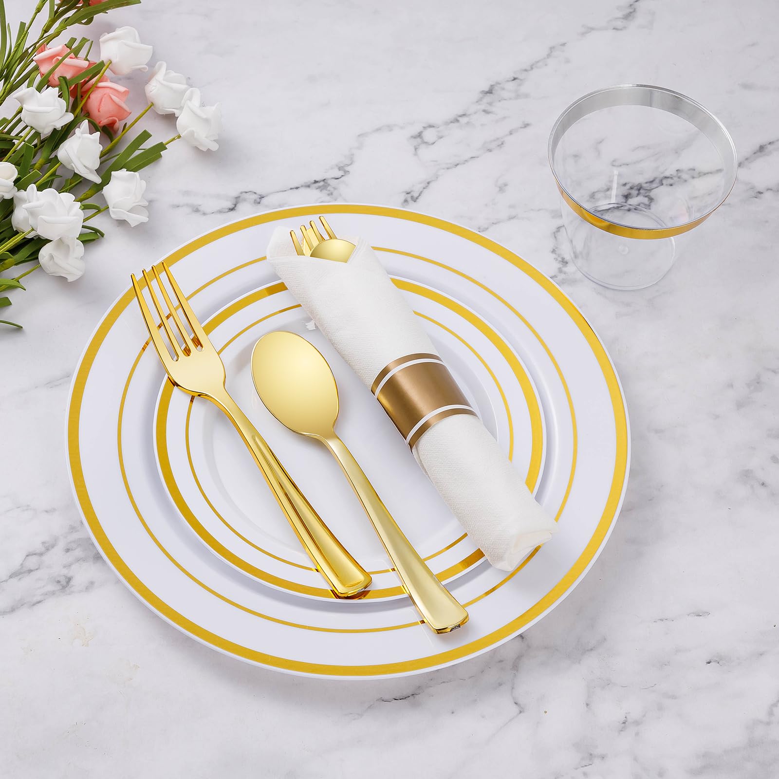 Goodluck 350 Piece Gold Plastic Dinnerware Set For 50 Guests, Fancy Disposable Plates For Party, Include: 50 Dinner Plates, 50 D