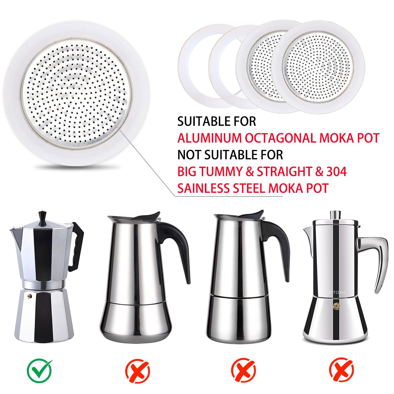 Ditosh 2 Pcs Filter With 4 Pcs Silicone Gasket Seals For 2 Cup Stovetop Espresso Coffee Maker Replacement Parts For Ditosh Alumi