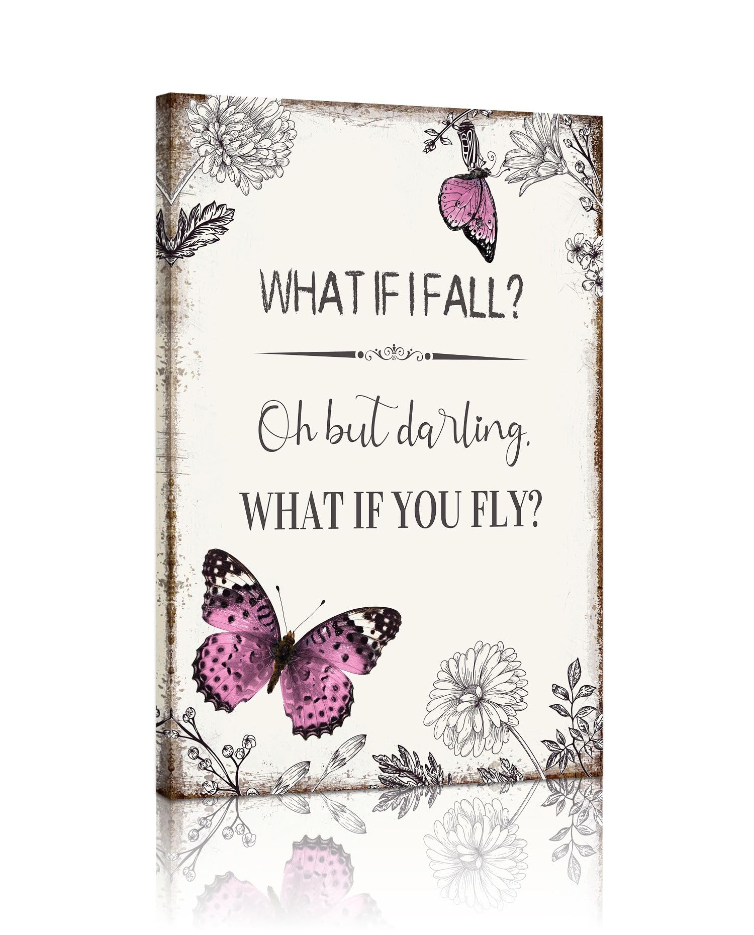 Ypy Inspirational Quote Canvas Wall Art : Pink Butterfly Picture Motivational Framed Poster, What If I Fall Positive Sign For Te