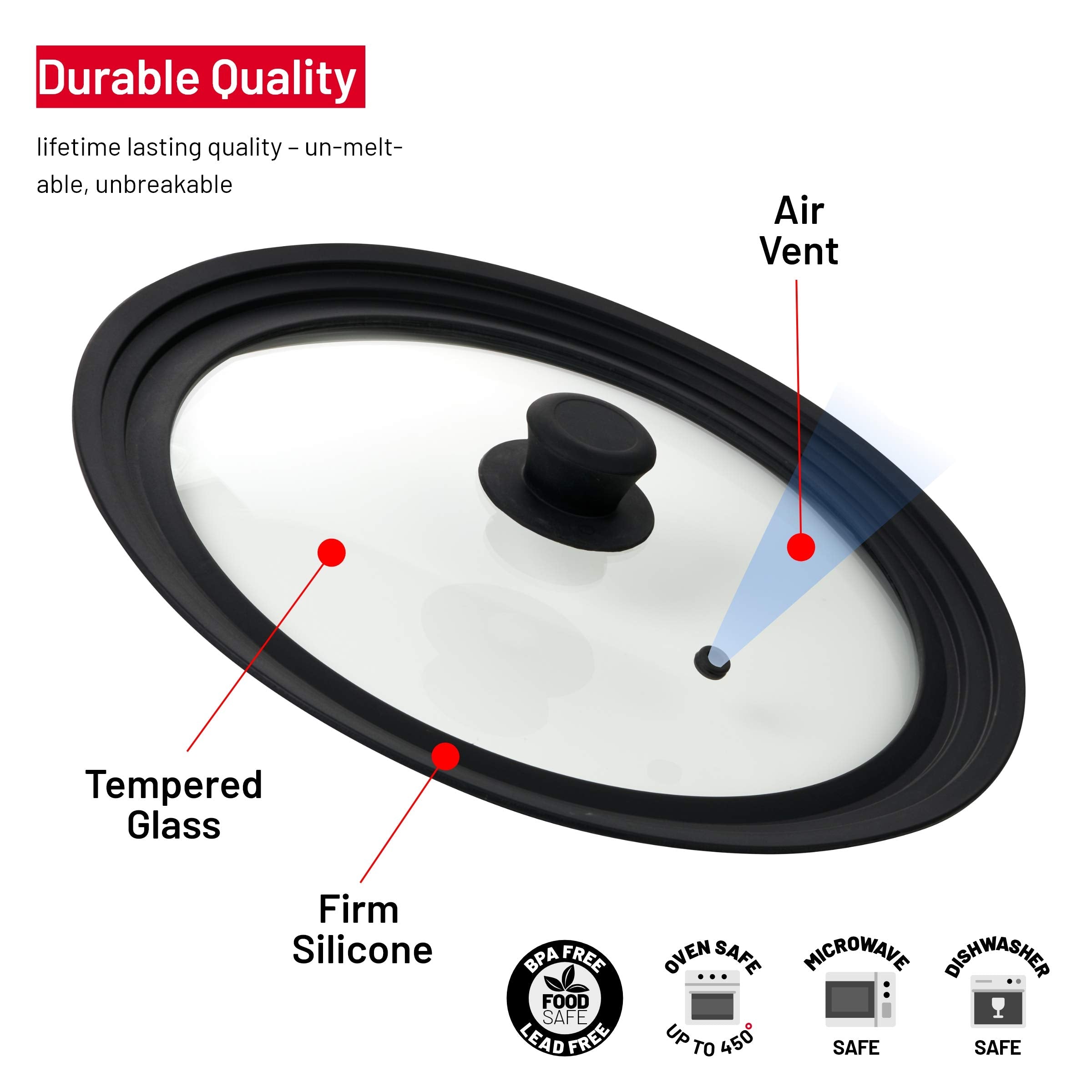 Bezrat Universal Round Lid For Pans, Pots And Skillets Vented Tempered Glass With Graduated Rim Fits 10, 11, 12 Inch Cookware -