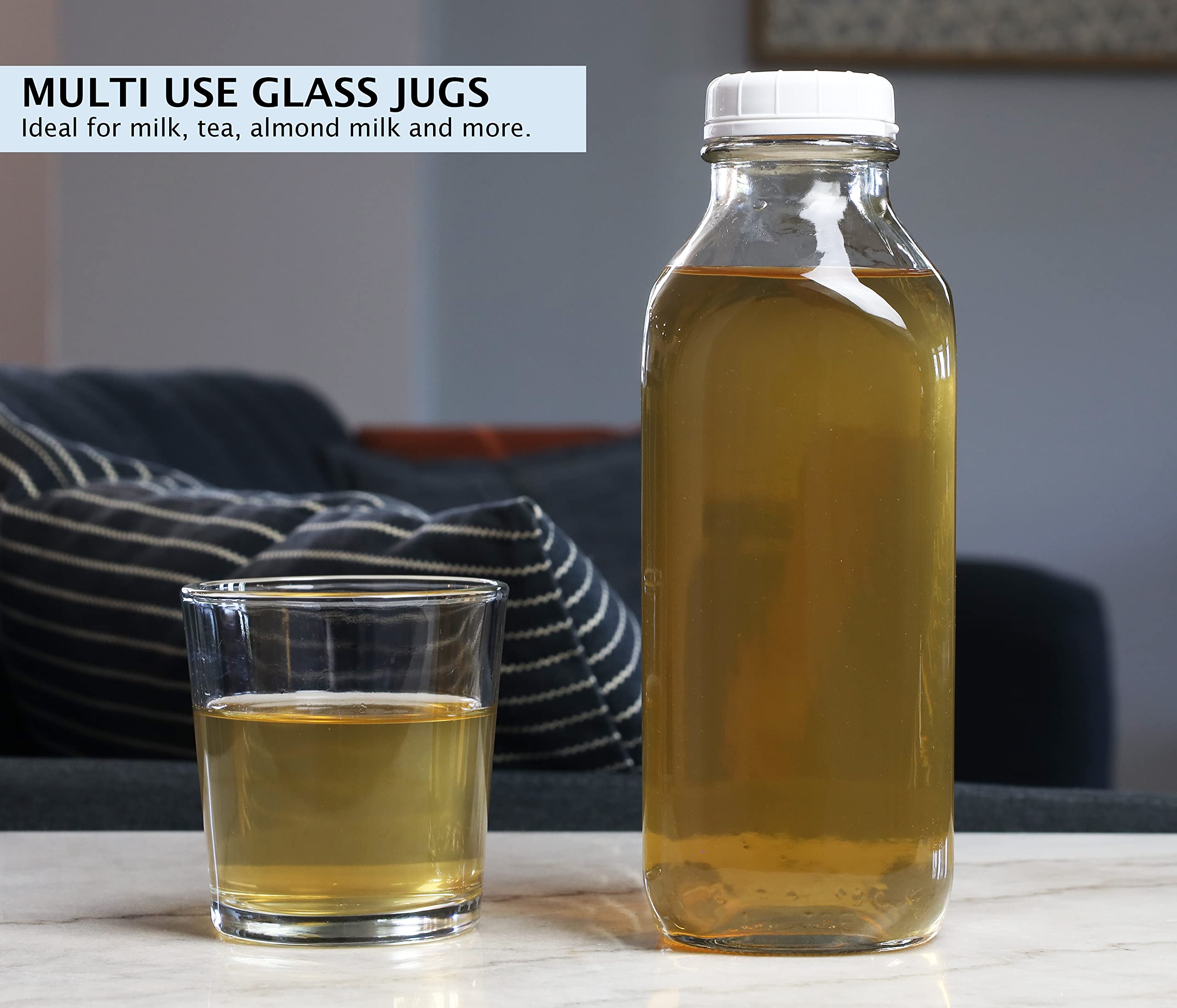 The Dairy Shoppe 1 Ltr. (33.8 Oz.) Glass Milk Bottle Vintage Style With Cap & New Silicone Pour Spouts! (2 Pack)