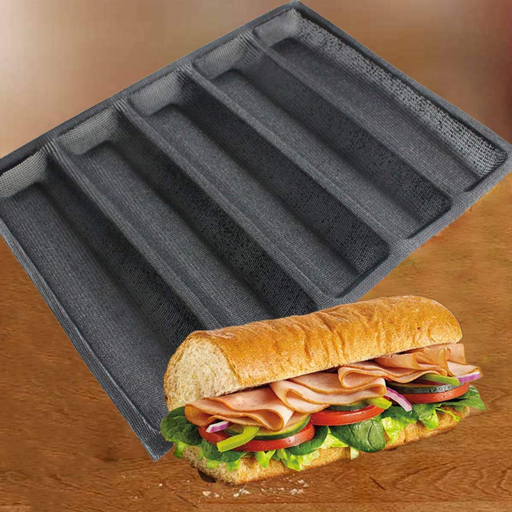 Fetesur Silicone Perforated Baking Forms Sandwich Mold French Baguette Bread Pan Food Mat 5 Loaf Non-Stick Baking Liners