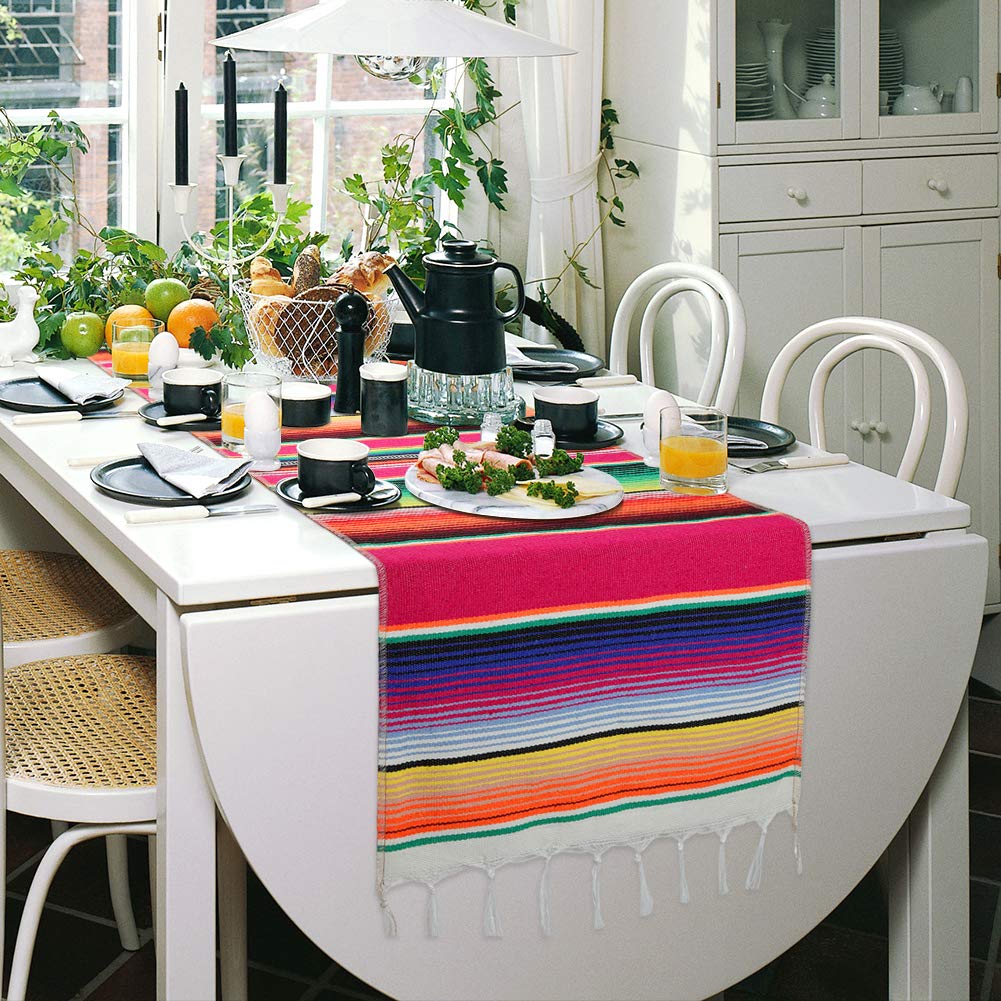 Crjhns Table Runner Mexican Handwoven Cotton Serape For Party Wedding And Home Decorations,14X108 Inch, Long (1, 14X108/Rose Red