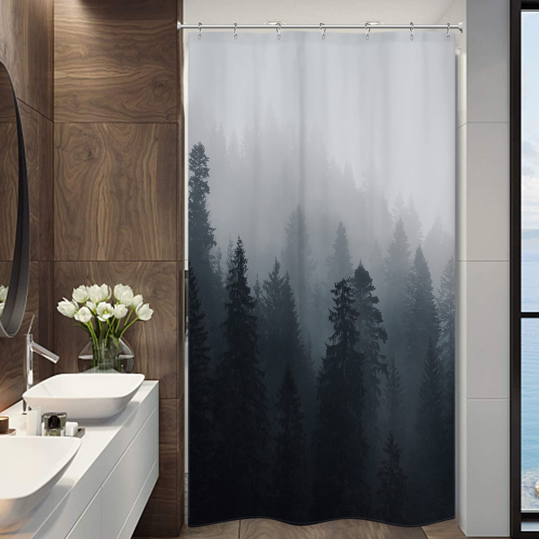 Riyidecor Stall Forest Dark Men Small Half Shower Curtain 36Wx72H Inch Nature Gothic Tree Winter Mountain Foggy Woodland Narrow