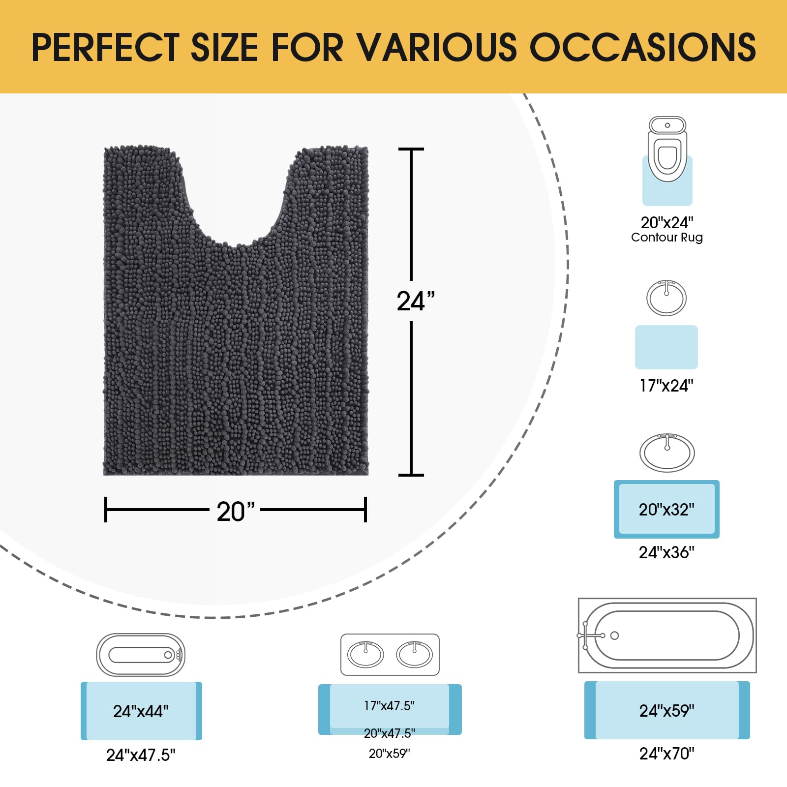 Accumtek Upgrade Luxury Grey Toilet Bathroom Rug Mat 24'' X 20'' Contour Rug, Ultra Soft Thick Absorbent Bath Mats, Non Slip Che