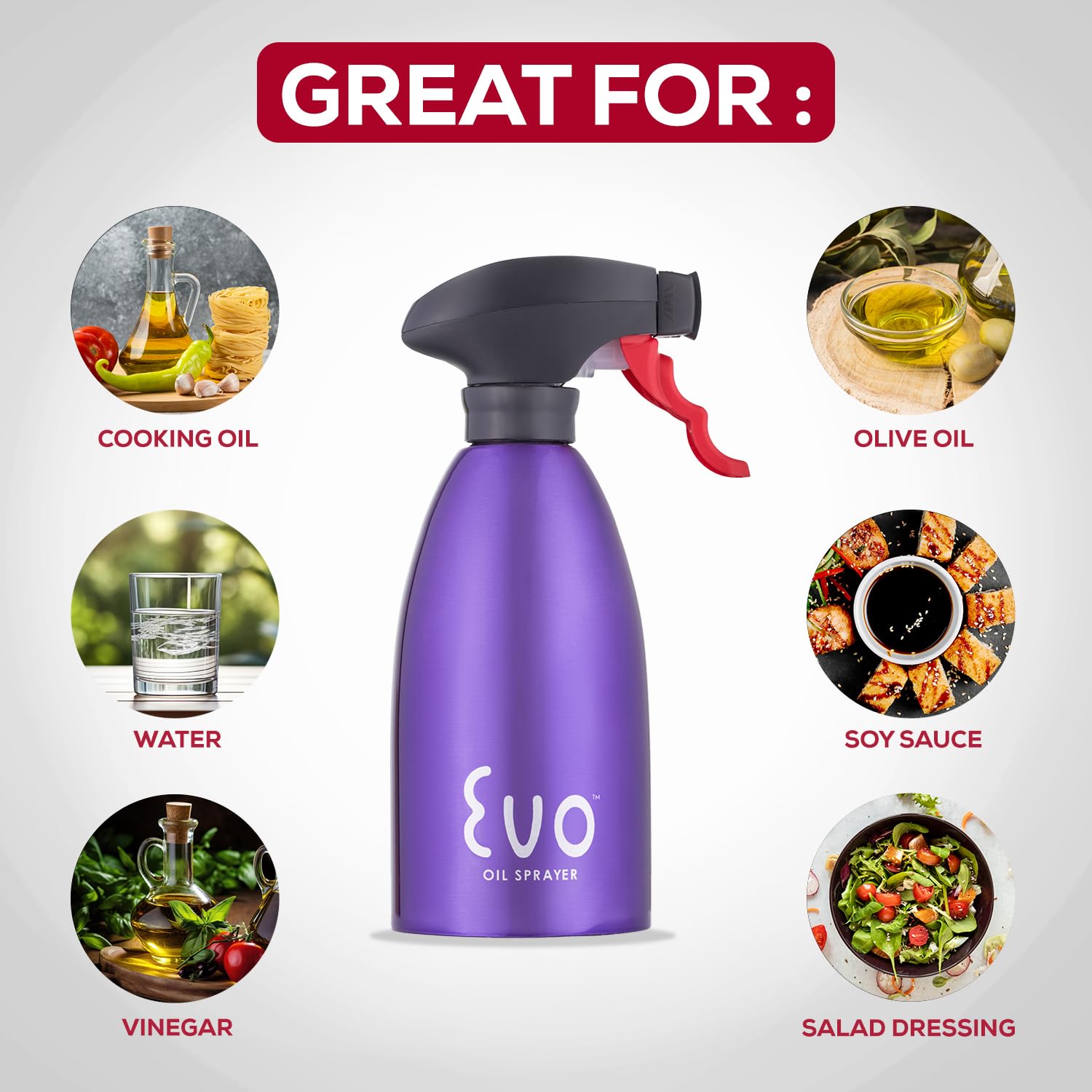 Evo Stainless Steel Oil Sprayer Non-Aerosol For Olive Cooking Oils, 16Oz, Purple