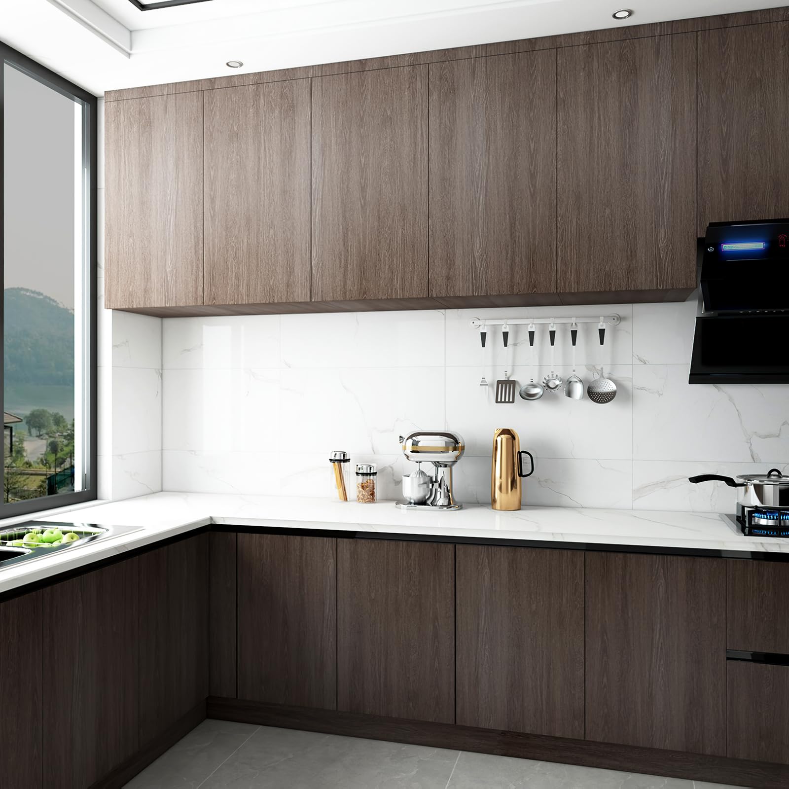 48X354Inch Extra Wide Dark Brown Wood Grain Wallpaper Peel Stick Black Walnut Texture Contact Paper Air Guide Slot Design Matte