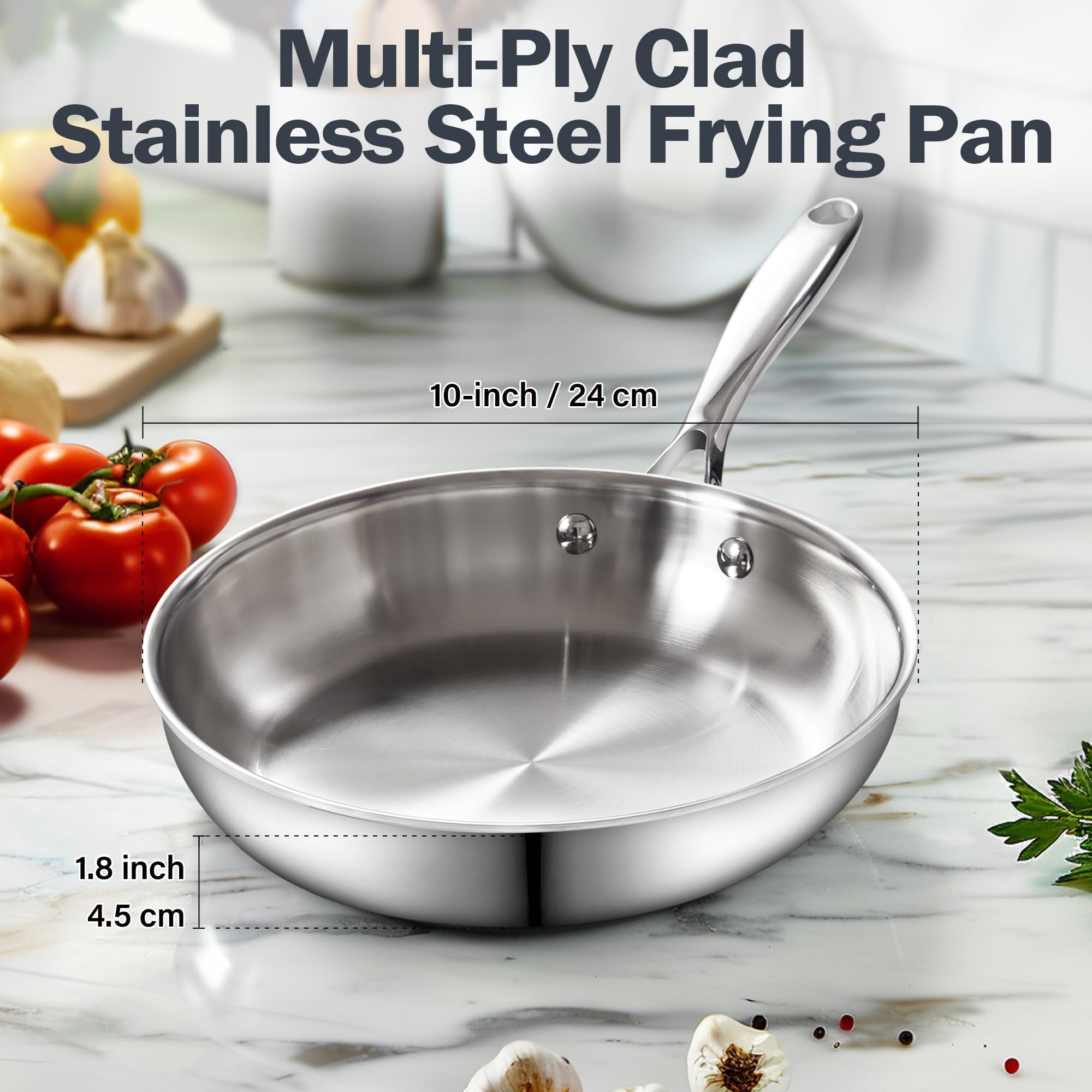 Cooks Standard Frying Pan Stainless Steel, 10-Inch Multi-Ply Clad Wok Stir Fry Pan Kitchen Skillet, Silver