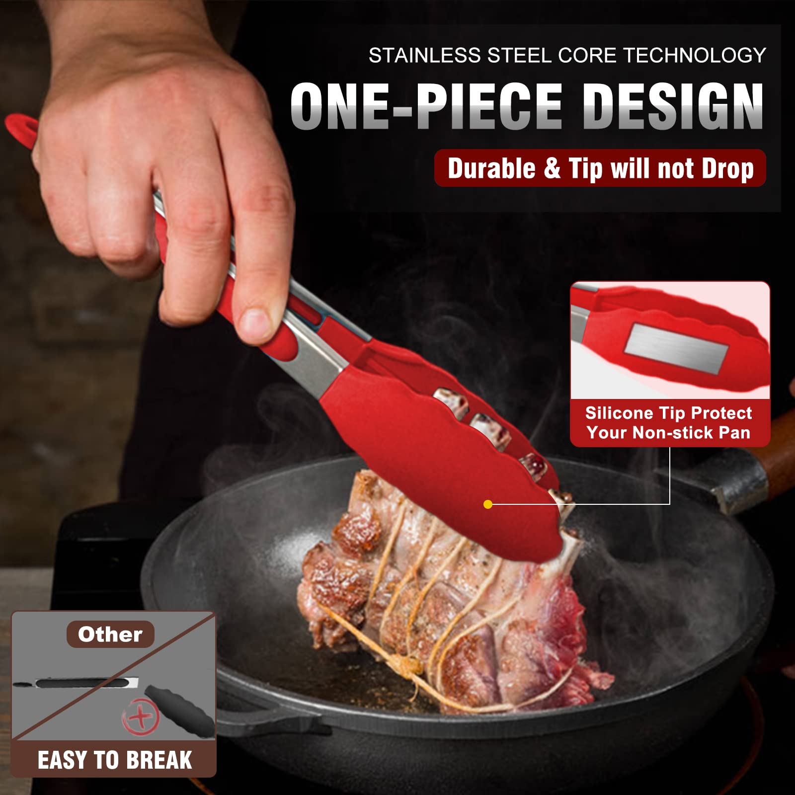 Walfos Kitchen Tongs - 7'' 9'' And 12'' Heat Resistant Cooking Tongs, Stainless Steel And Bpa Free Silicone Tips, Great For Cook