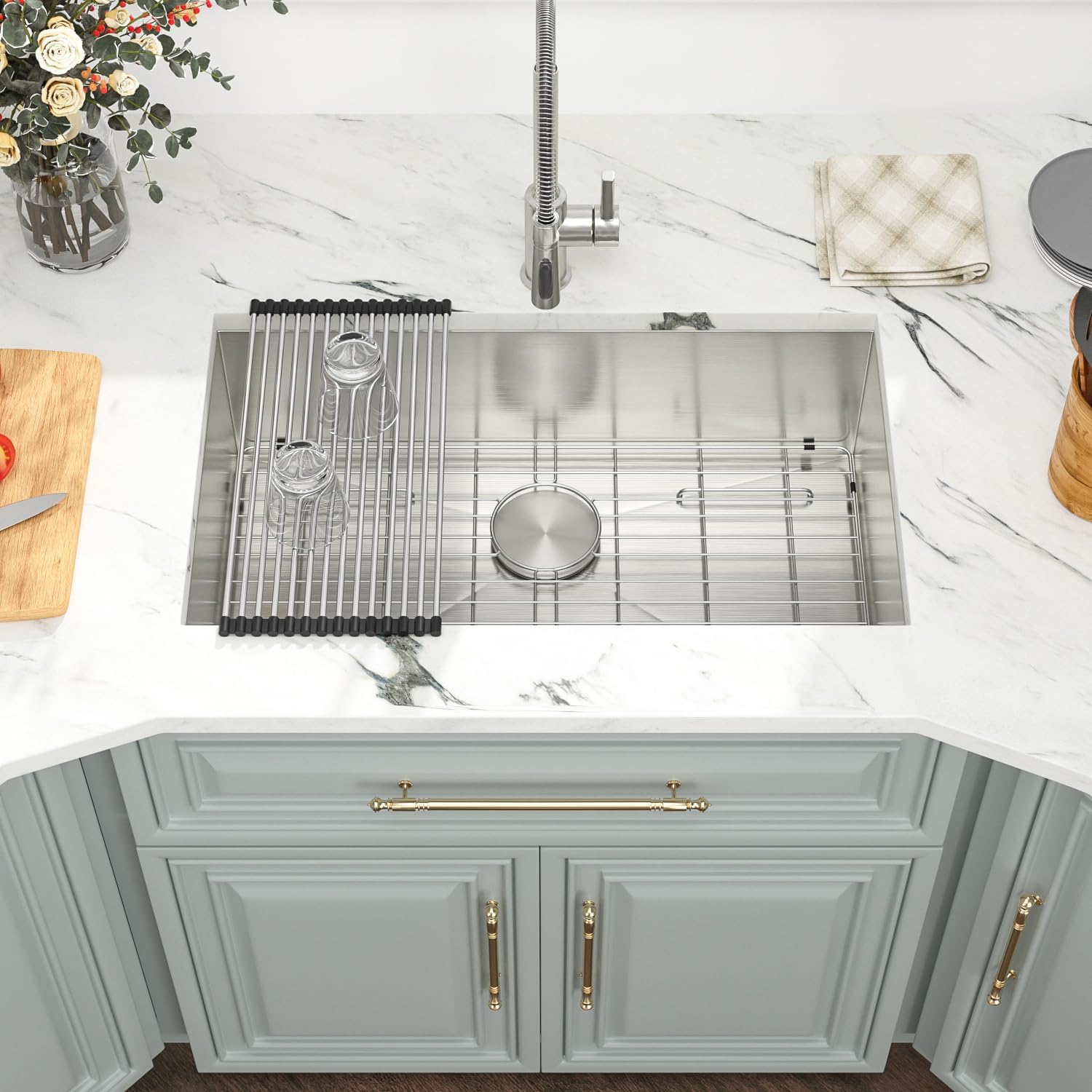 Kichae 33 Inch Undermount Kitchen Sink Single Bowl Stainless Steel Kitchen Sink 33'' Under Mount 161 Gauge Round Corner Kitchen