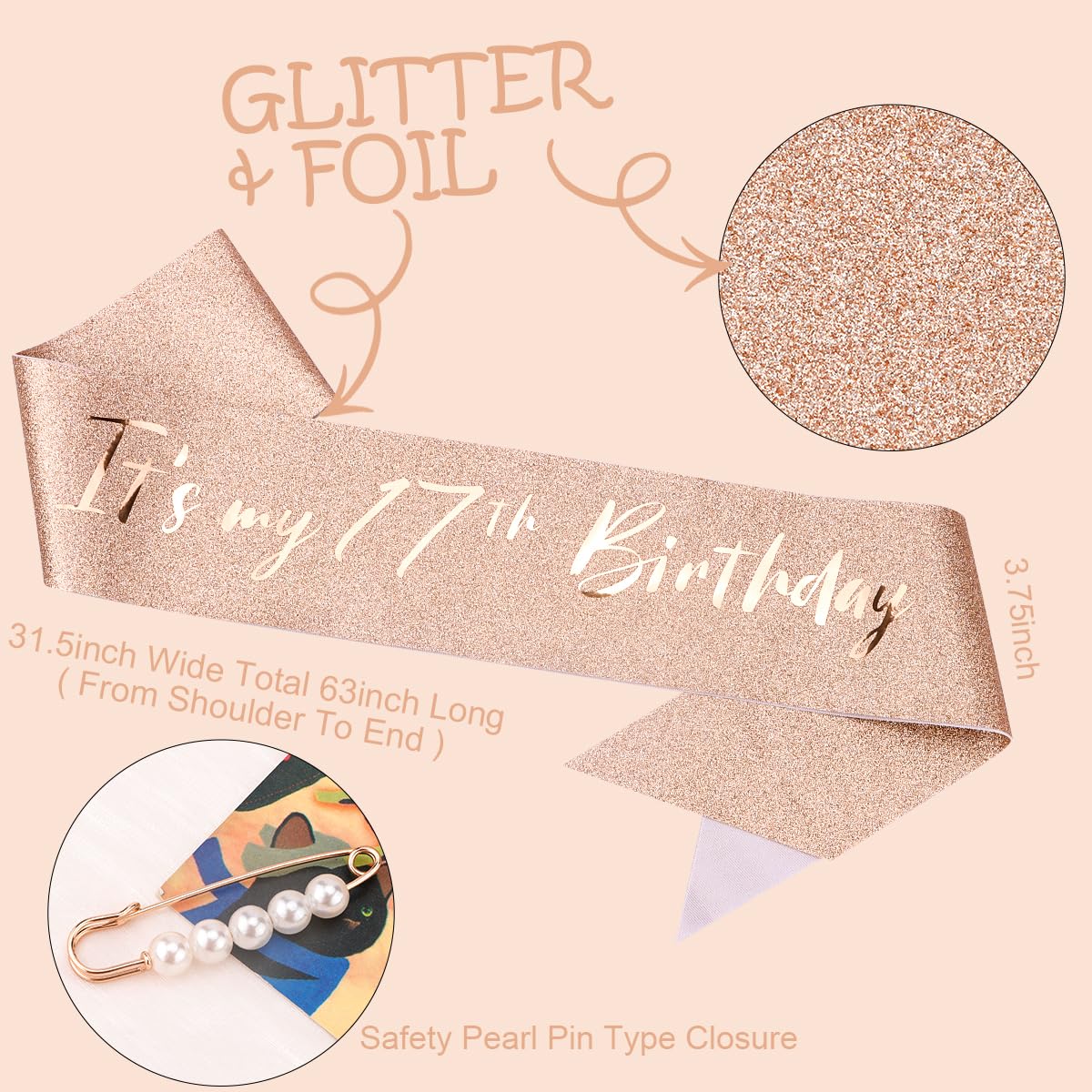 Tobatoba 17Th Birthday Decorations For Girls, Rose Gold Birthday Sash And Tiara For Girls, It'S My 17Th Birthday Decorations For
