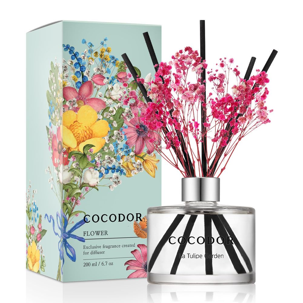 COCODOR Flower Reed Diffuser Set / 6.7oz / La Tulip Garden/Scent Diffuser with Sticks Home Fragrance Reed Diffuser for Bathroom 