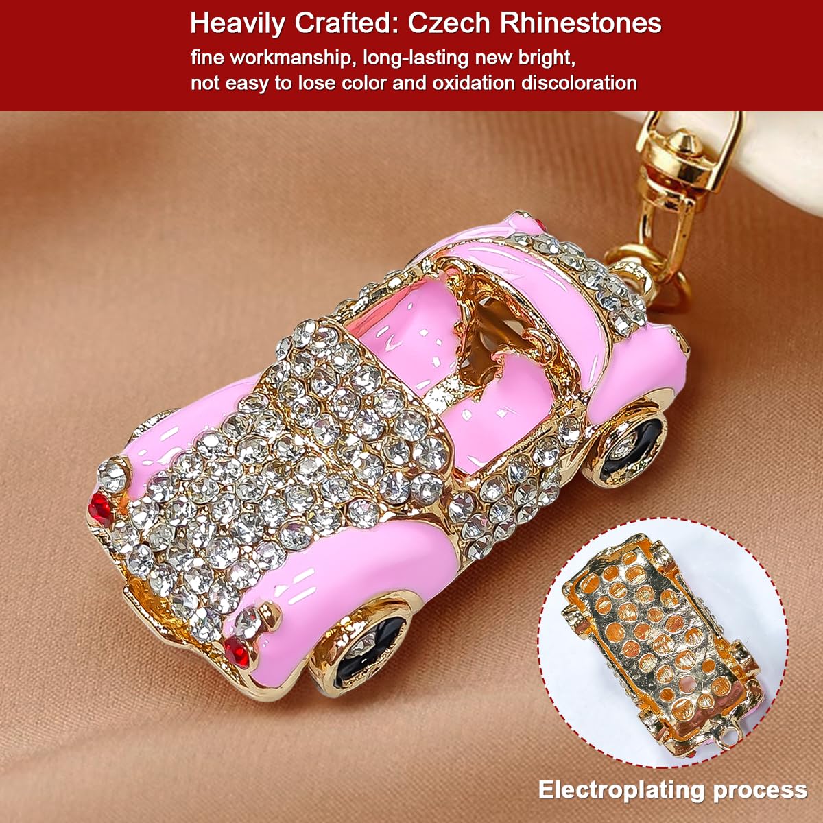 Car Ornaments, Cars Ornament for Christmas Tree, Pink Metallic Handmade with Rhinestone, Beautiful Classic Cute Christmas Orname