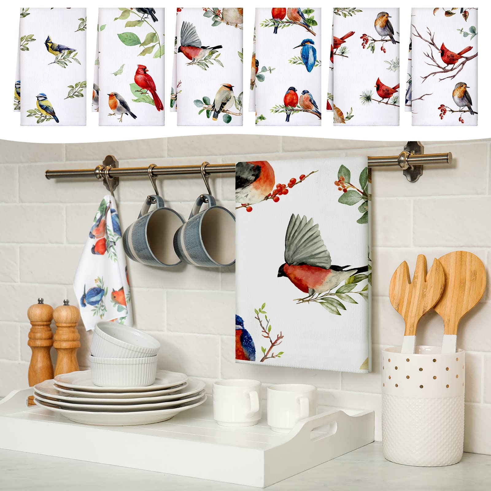 Set of 6 Birds Kitchen Towels Hummingbird Tea Towels Absorbent Dish Towels Birds on Branch 24 x 16 Inches Kitchen Gifts Cardinal