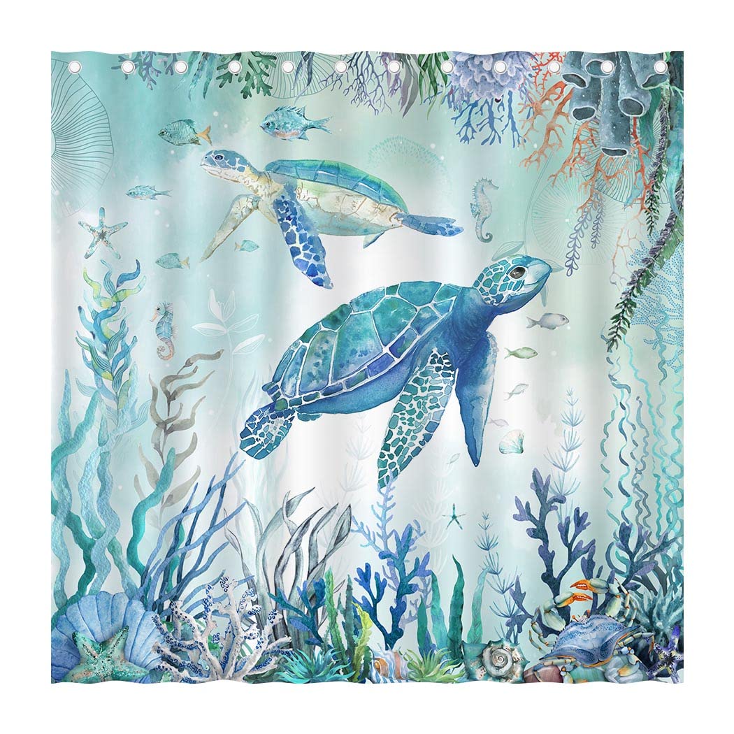 Juirnost Sea Turtle Shower Curtain Beach Coastal Shower Curtains For Bathroom Ocean Turtle Bathroom Decor Underwater Seashell Tr