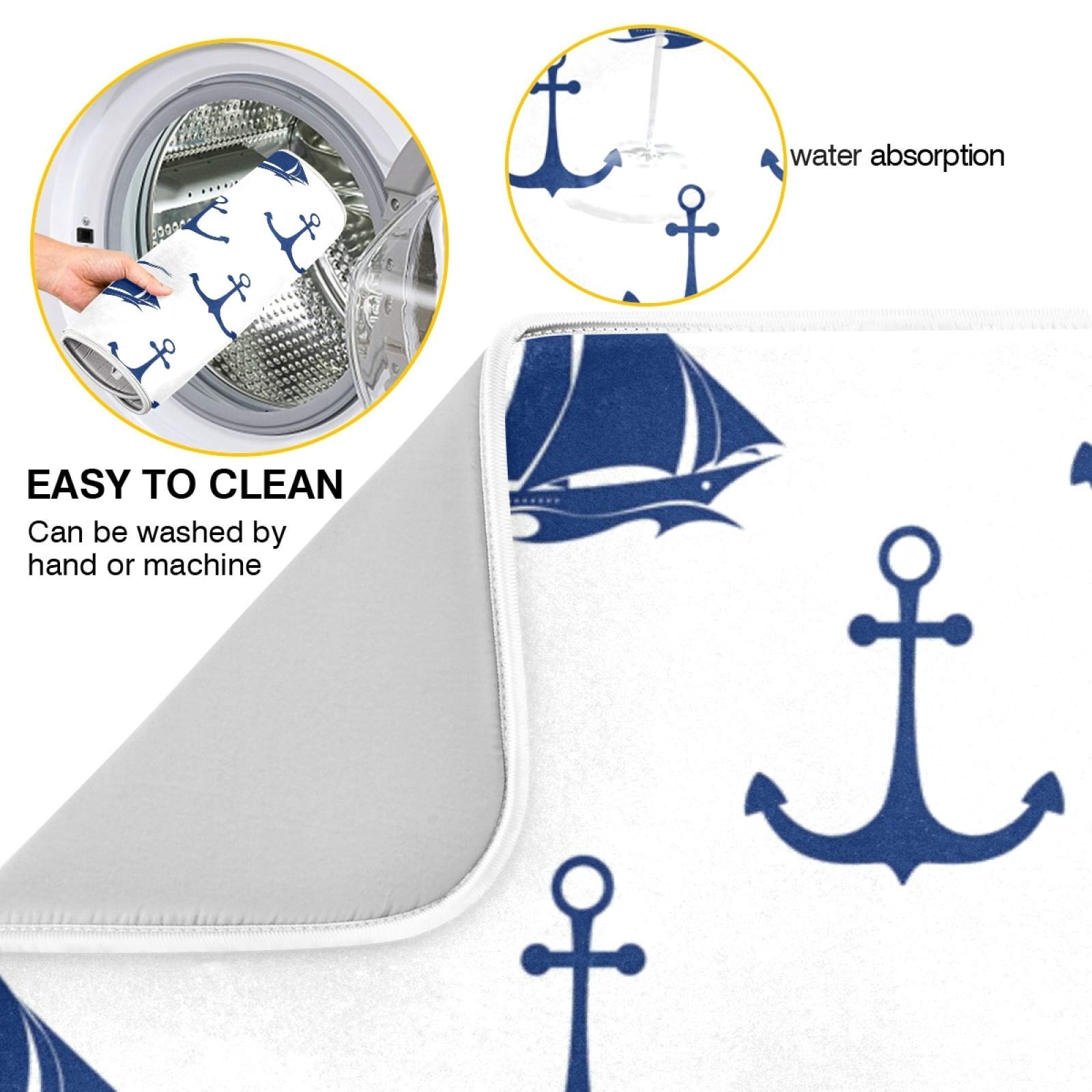 Wfrish Anchor Sailboat Pattern Dish Drying Mats Nautical Anchor Pattern Drying Mat With Hanging Loop Absorbent Dishes Drainer Pa