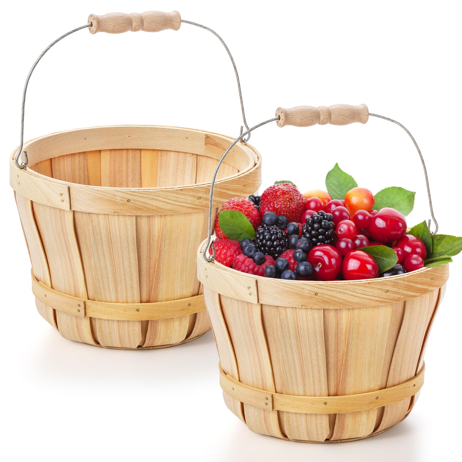Okllen 2 Pack Round Wooden Baskets With Handle, Empty Wood Fruit Buckets, Fall Harvest Basket For Display Fruits Vegetables, Hom