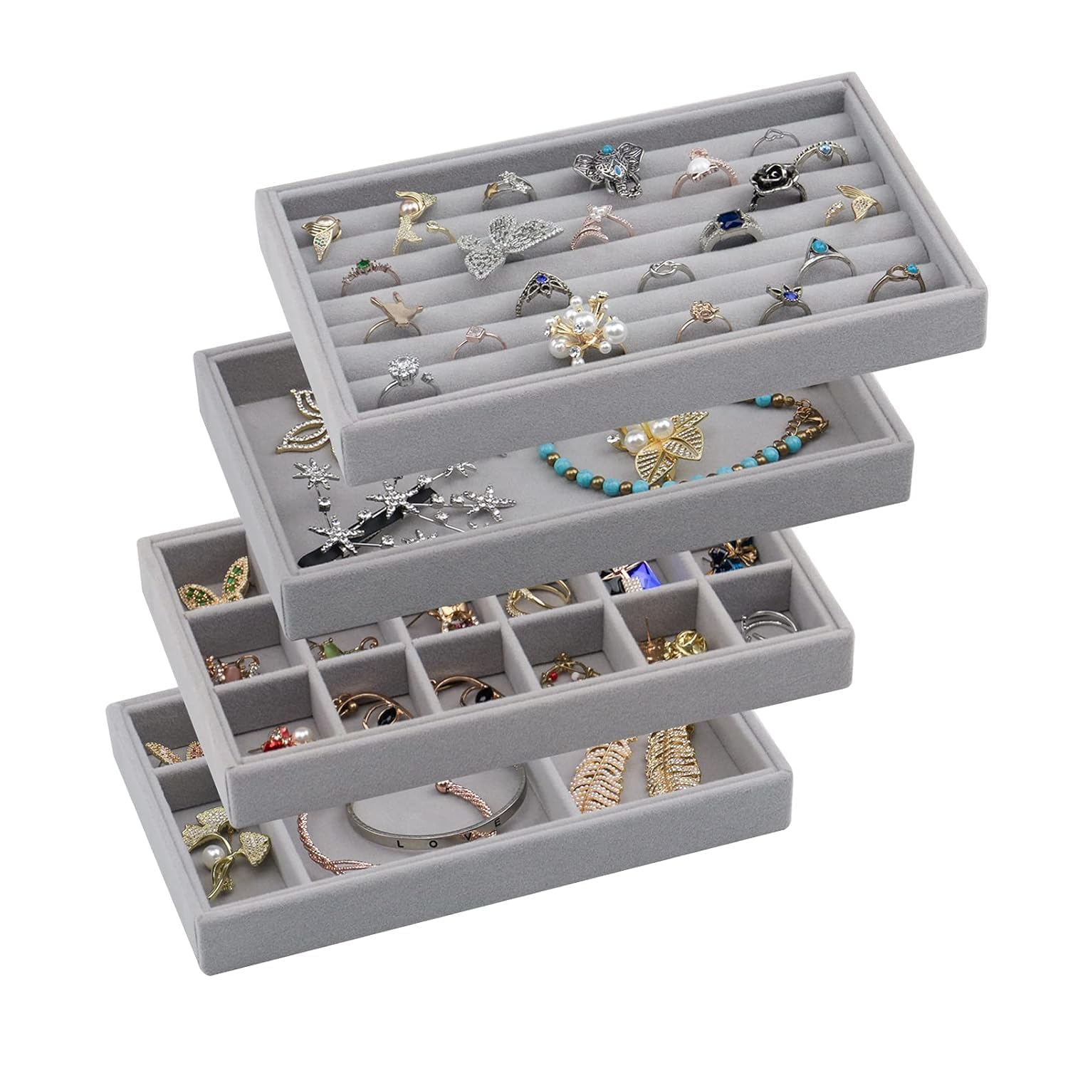 Namra Stackable Velvet Jewelry Trays Organizer For Drawers, Small Jewelry Drawer Organizer Display Tray For Earring Ring Watch B