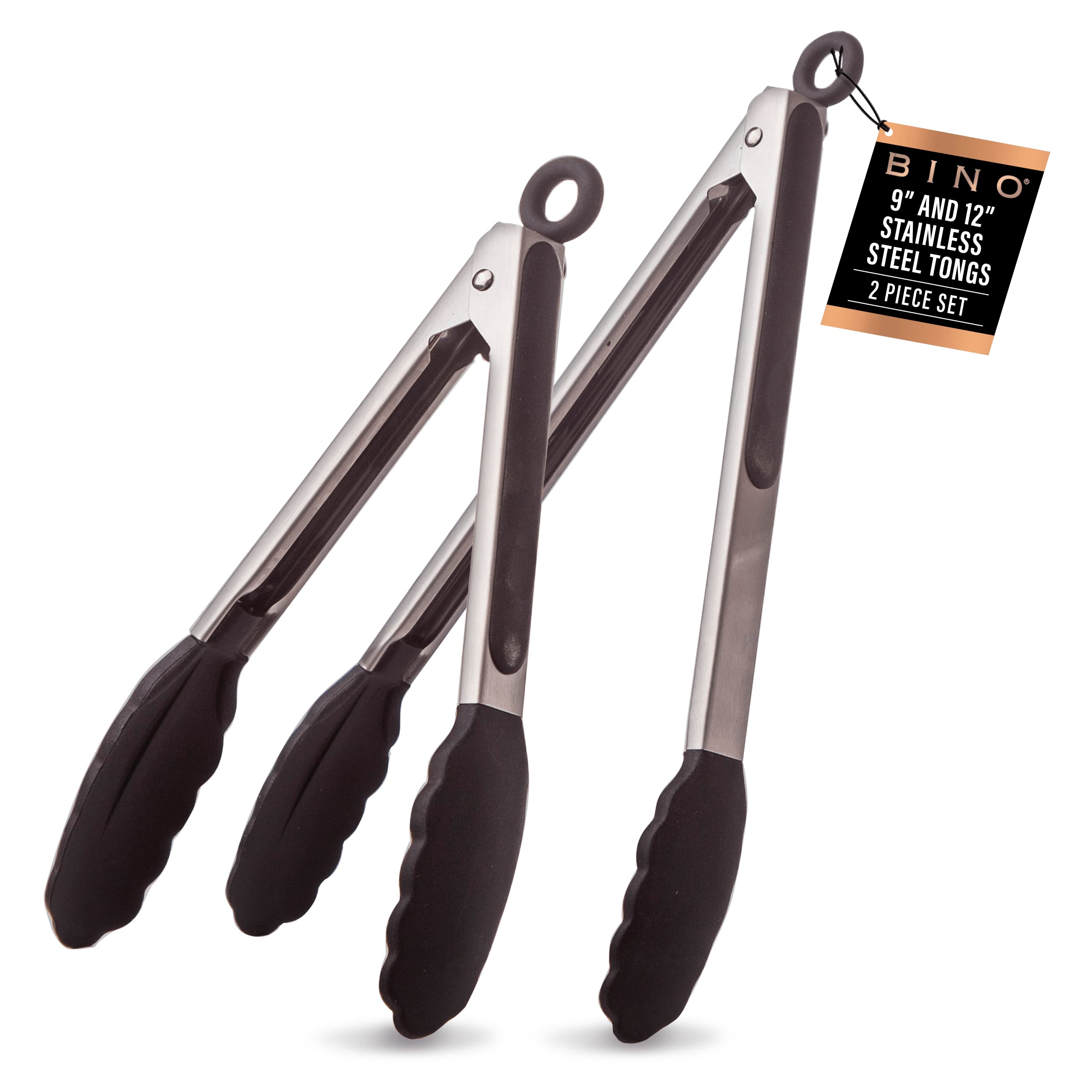 Bino 2-Piece Silicone Tipped Stainless Steel Tongs Set - Black | Locking Tongs | Kitchen Utensil & Tool For Cooking & Serving |