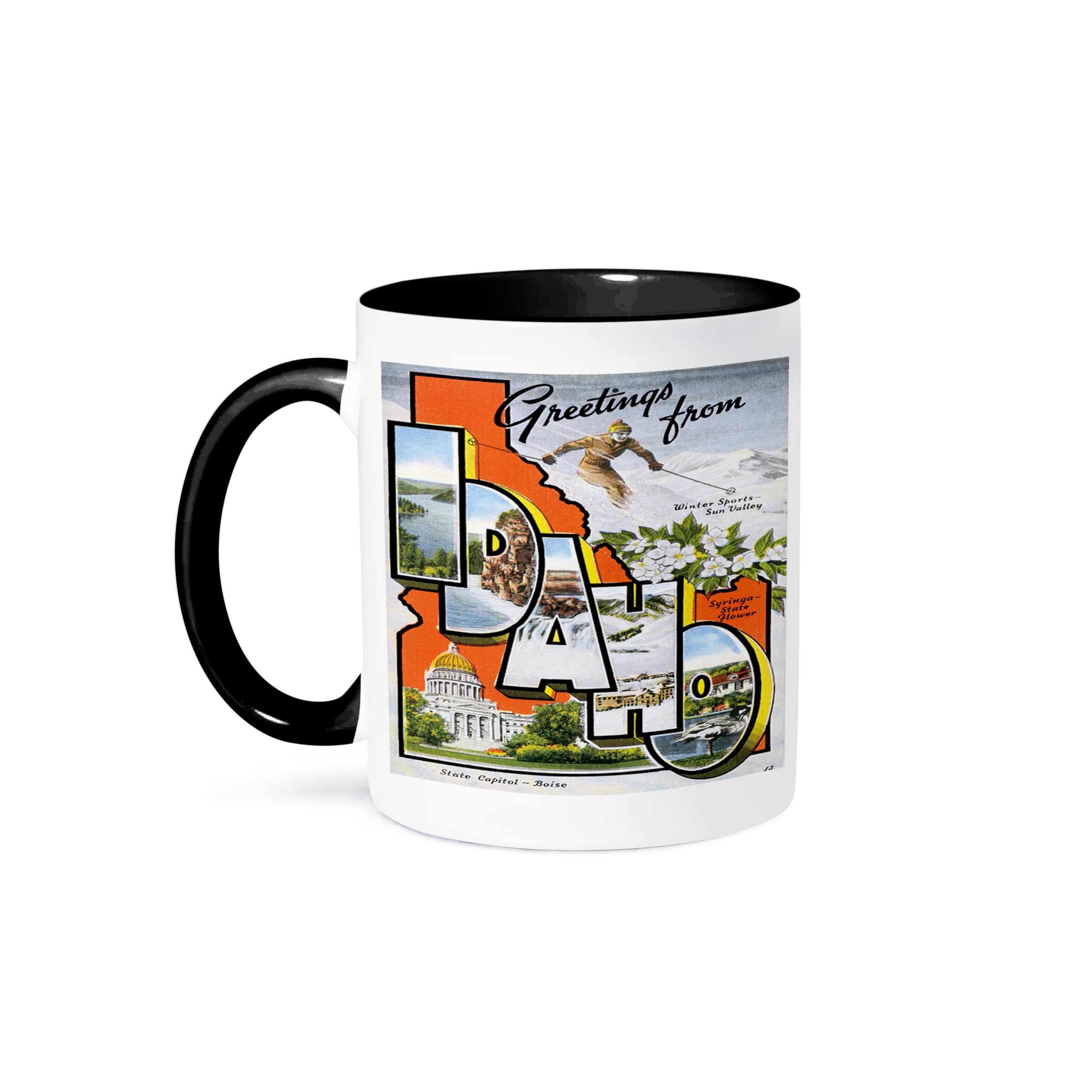 3dRose Greetings from Idaho Sun Valley Boise with Scenes from The State Two Tone Mug, 11oz, Black