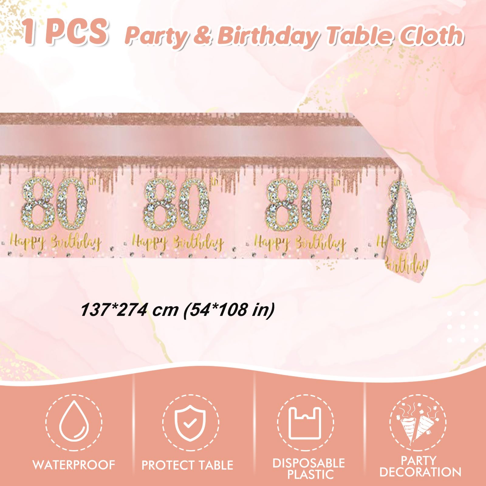 41Pcs 80Th Birthday Decorations, Rose Gold Birthday Party Supplies Include 20Pcs Plates 20Pcs Napkins And 1Piece Tablecloth, Swe
