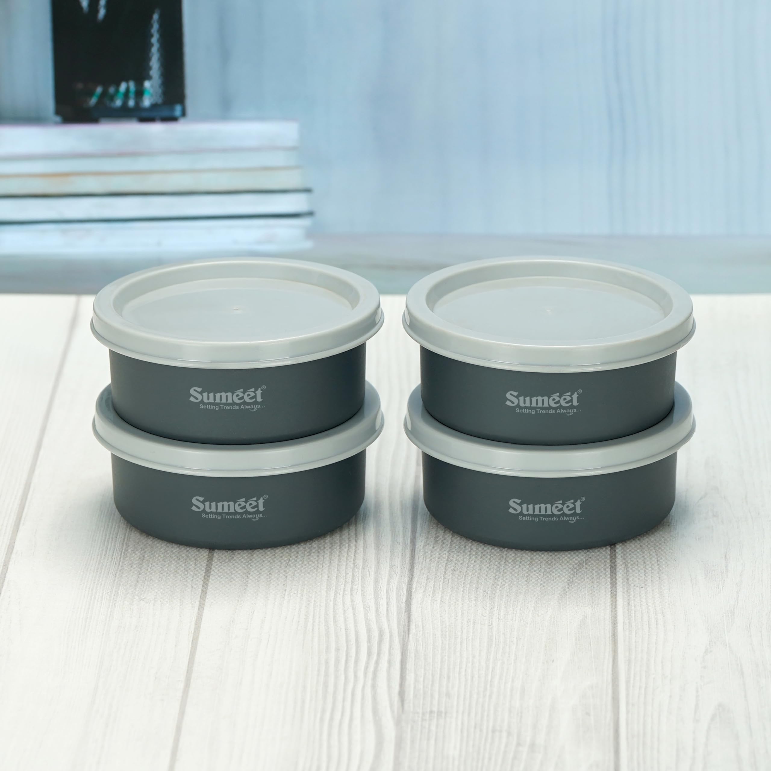 Sumeet Microwave Safe Stainless Steel Air Tight & Leak Proof Lunch Boxes Storage Containers With Lids For Kitchen Office School  240Ml  Set Of 4  Grey