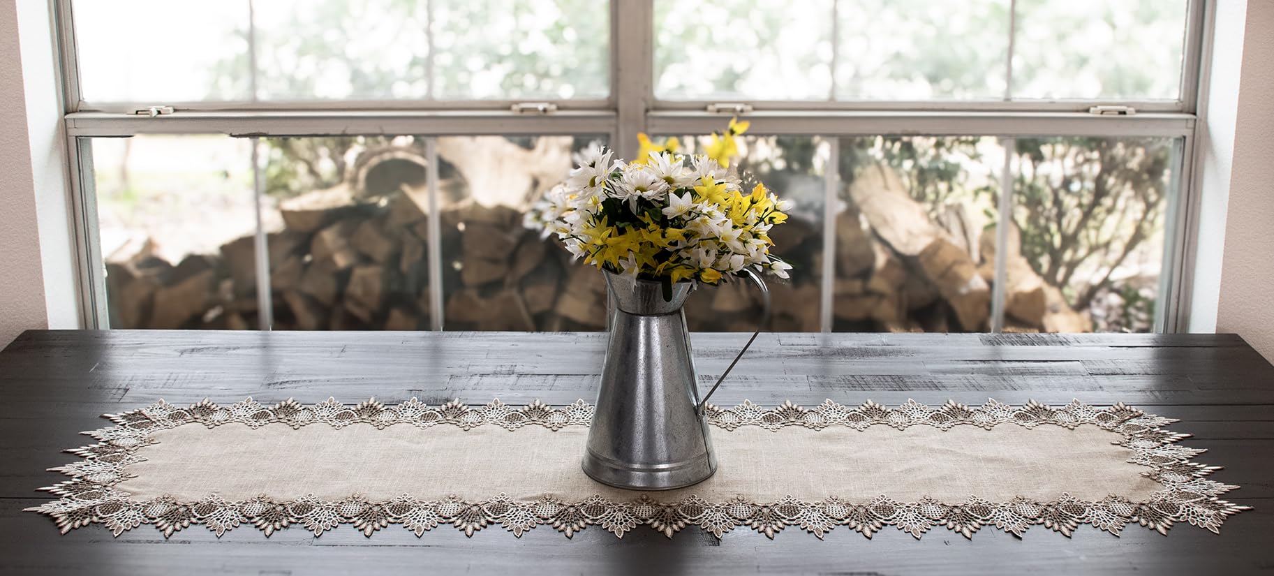 Neutral Earth Tones Lace Table Runner, Dresser Scarf, Coffee Table Runner, Brown Farmhouse Style (16Wx 54L)