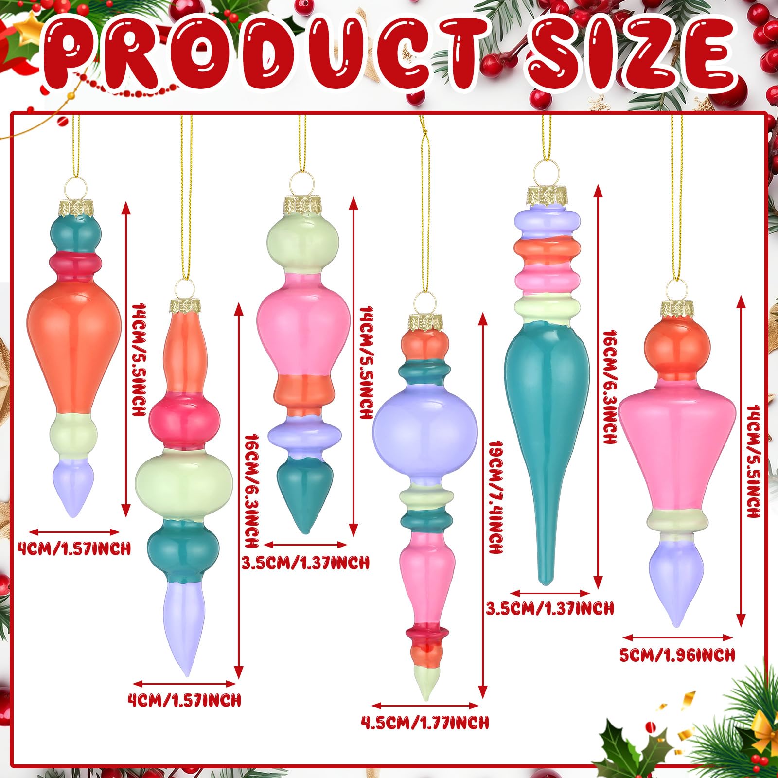 Soaoo 6 Pcs 6.3 Inch Pastel Color Mercury Glass Finial Christmas Ornaments Hanging Christmas Finials Glass Ornaments Assorted Me