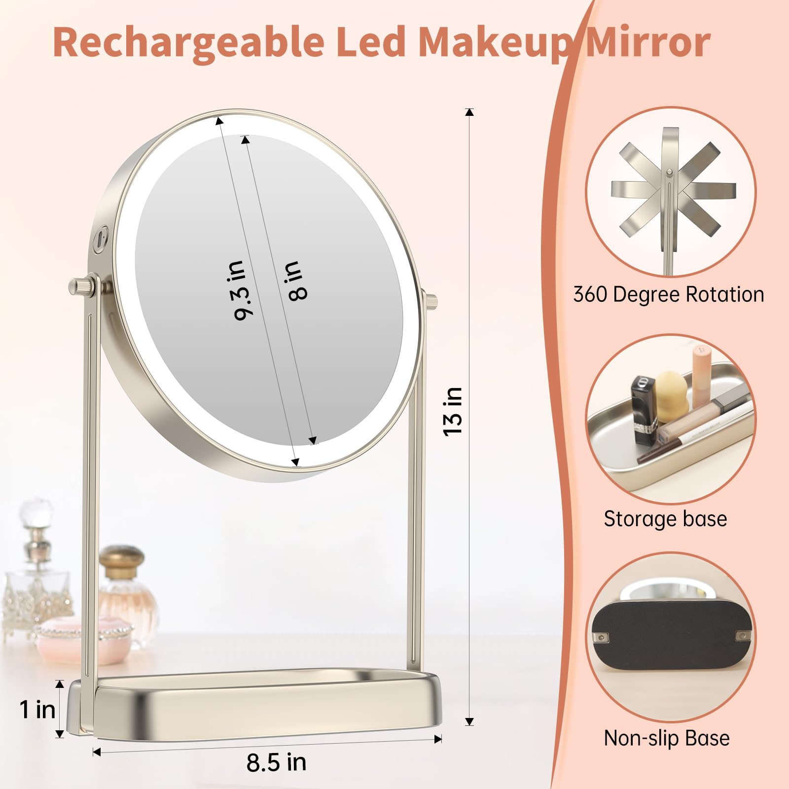 Fascinate 10X Lighted Makeup Mirror With Storage, Rechargeable Magnifying Mirror With Lights 8'', Brightness Adjustable, Double