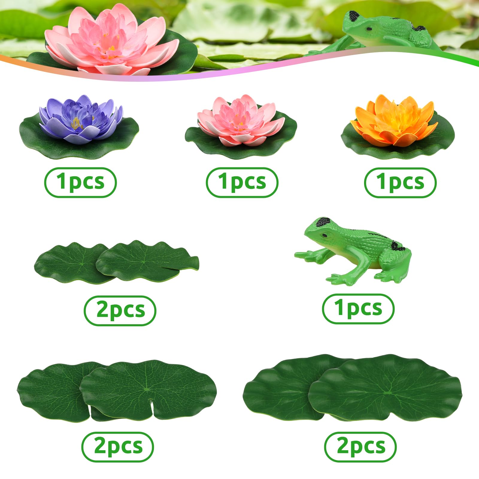 PietyPet 10pcs Floating Foam Lotus Flowers with Artificial Frog Lotus Leaves, Lily Pads for Lake, Artificial Pond Plants Ornamen