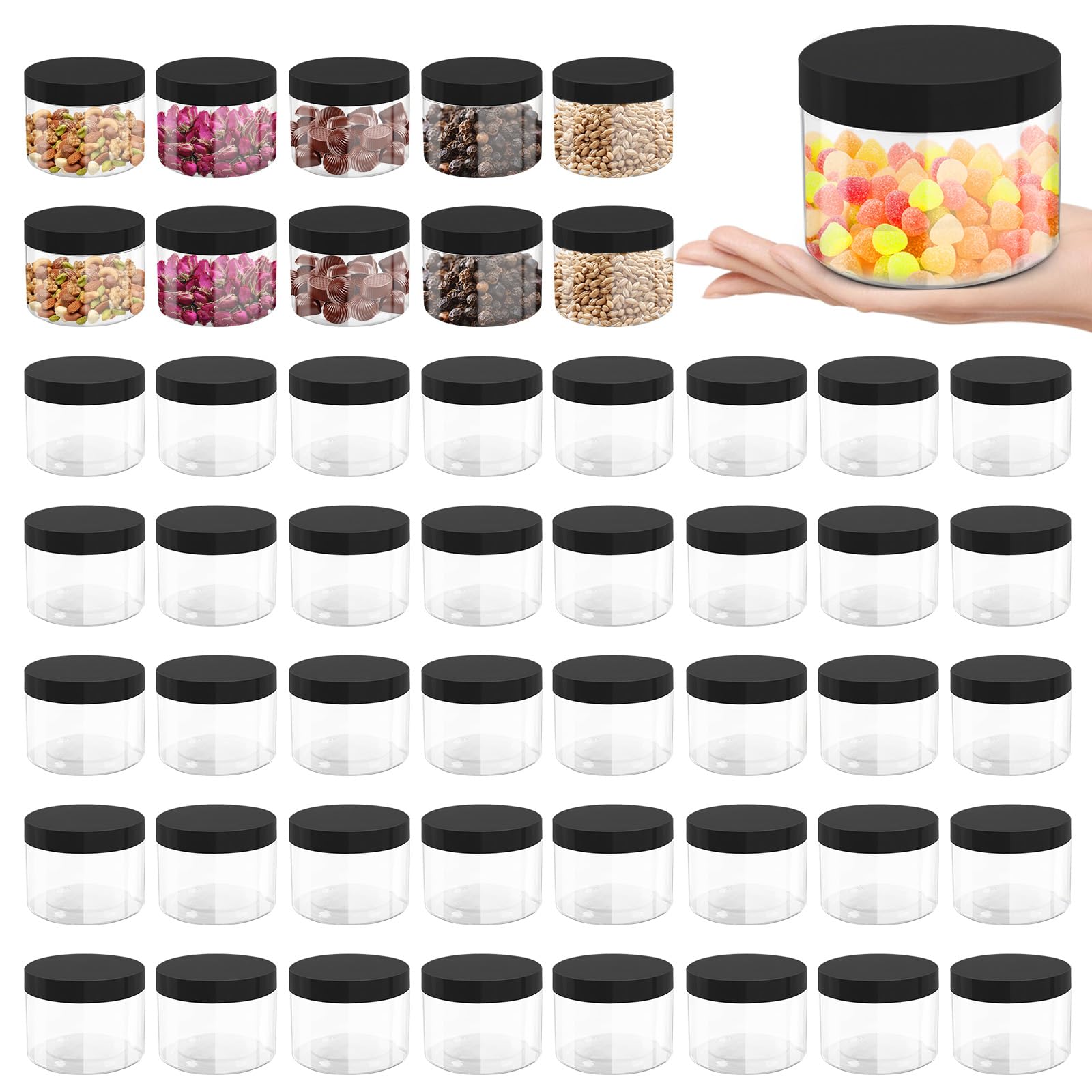 ZISDHNEO 50 Pcs 10 Oz Plastic Jars with Lids Containers Storage Airtight Wide Mouth Food Jar Clear Cylinder Container for Grocer