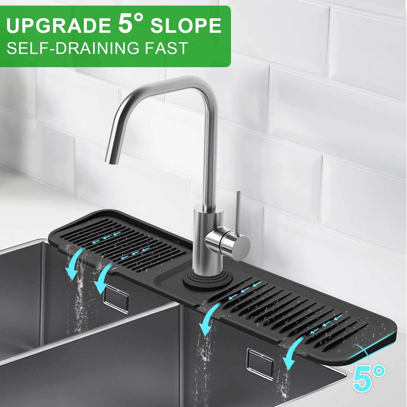 Sink Splash Guard, 5Slope Silicone Draining Mat For Kitchen Sink, 24 Inch Sink Faucet Mat, Silicone Sink Faucet Mat Splash Guard