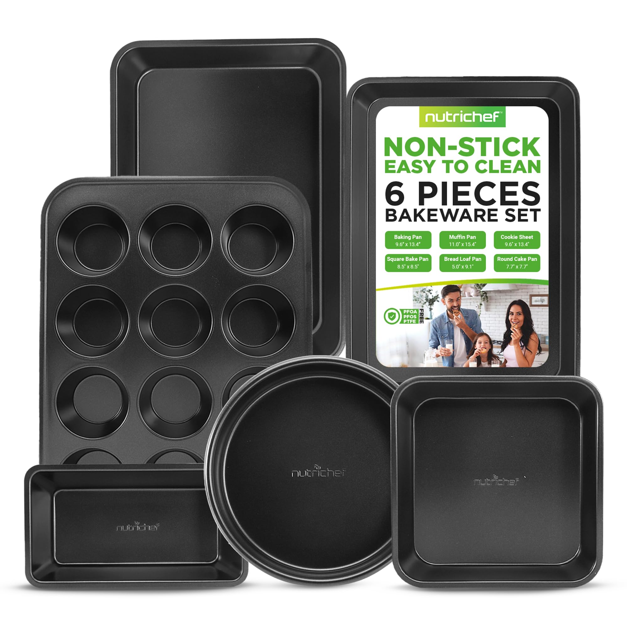 Nutrichef 6-Piece Nonstick Baking Pans Set - Black Carbon Steel With Premium Non-Stick Coating - Includes Cookie Baking Sheets,
