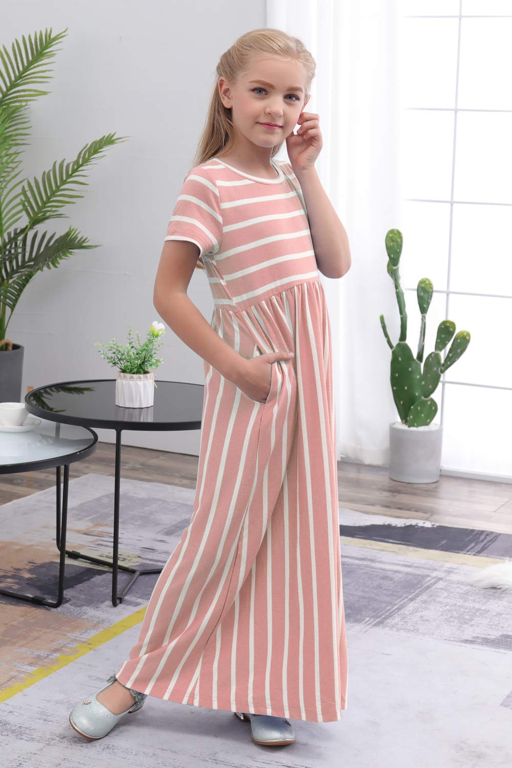 Gorlya Girls Short Sleeve Floral Print Loose Casual Holiday Long Maxi Dress With Pockets 4-12 Years (6-7Yearsheight:120Cm, Pink