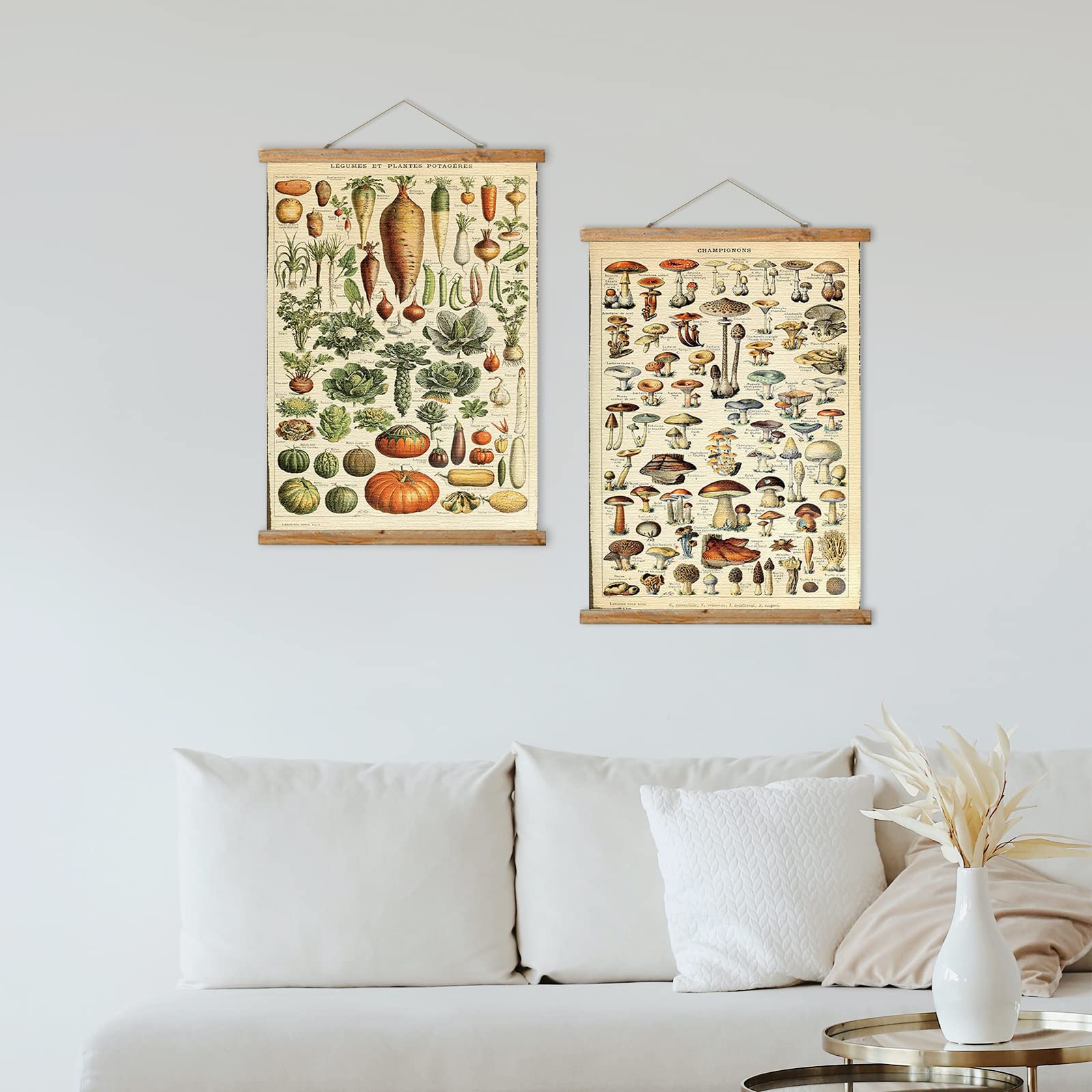 Ovfovy Vintage Mushroom And Vegetable Poster Hanger Frame, Retro Style Wall Art Prints, Printed On Linen With Natural Wooden Fra